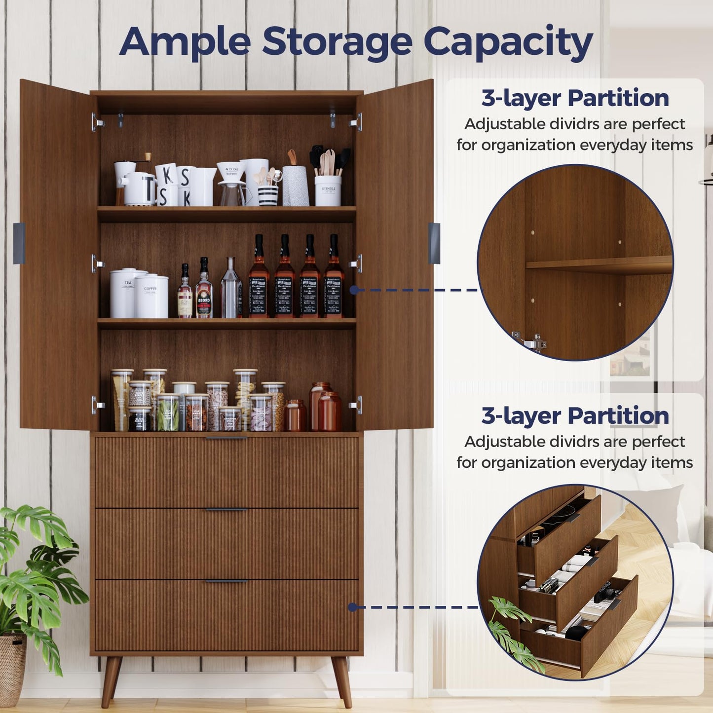 Trygoal Tall Storage Cabinet, Kitchen Pantry Cabinet with Adjustable Shelves & Fluted Panel Design, Wood Cupboard with 3 Drawers 2 Doors, Tall Home Cupboard for Living Room, Kitchen, Walnut