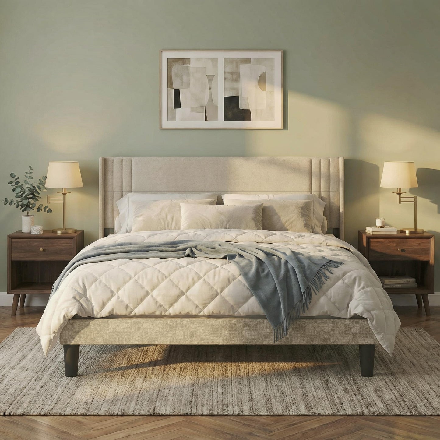 Gizoon King Bed Frame with Wingback Headboard, Upholstered Platform Bed with Modern Geometric Headboard, Wooden Slats, Noise-Free, No Box Spring Needed