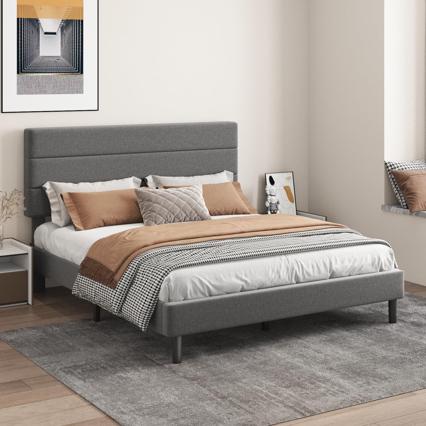 Mxhtcewz Queen Platform Bed Frame with Adjustable Linen Fabric Upholstered Headboard, Strong Slats Support, Noise-Free, No Box Spring Required, Easy Assembly for Bedroom Guest Room, Grey