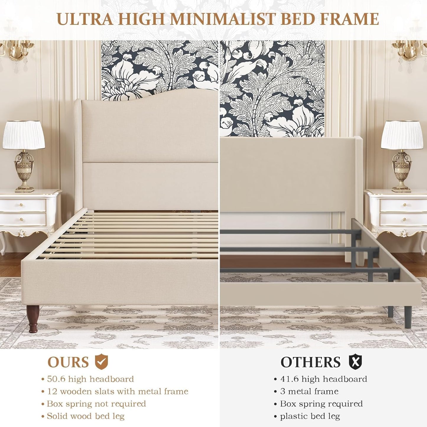 koorlian King Size Bed Frame Upholstered Platform Bed with 51" Tall Headboard Wingback, Soft Fabric, Retro Simple Style Platform Bed No Box Spring Needed, Easy Assembly, Beige