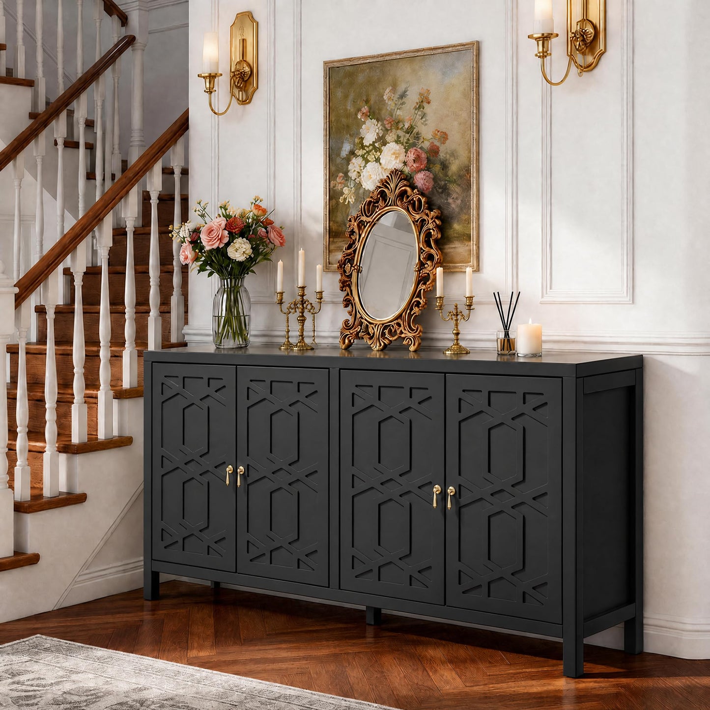 RoyalCraft Buffet Cabinet with Storage, 60" W Modern Coffee Bar Sideboard with 4 Doors & Adjustable Shelves, Painted Wooden Credenza for Dining Room, Kitchen, Living Room, Entryway, Black