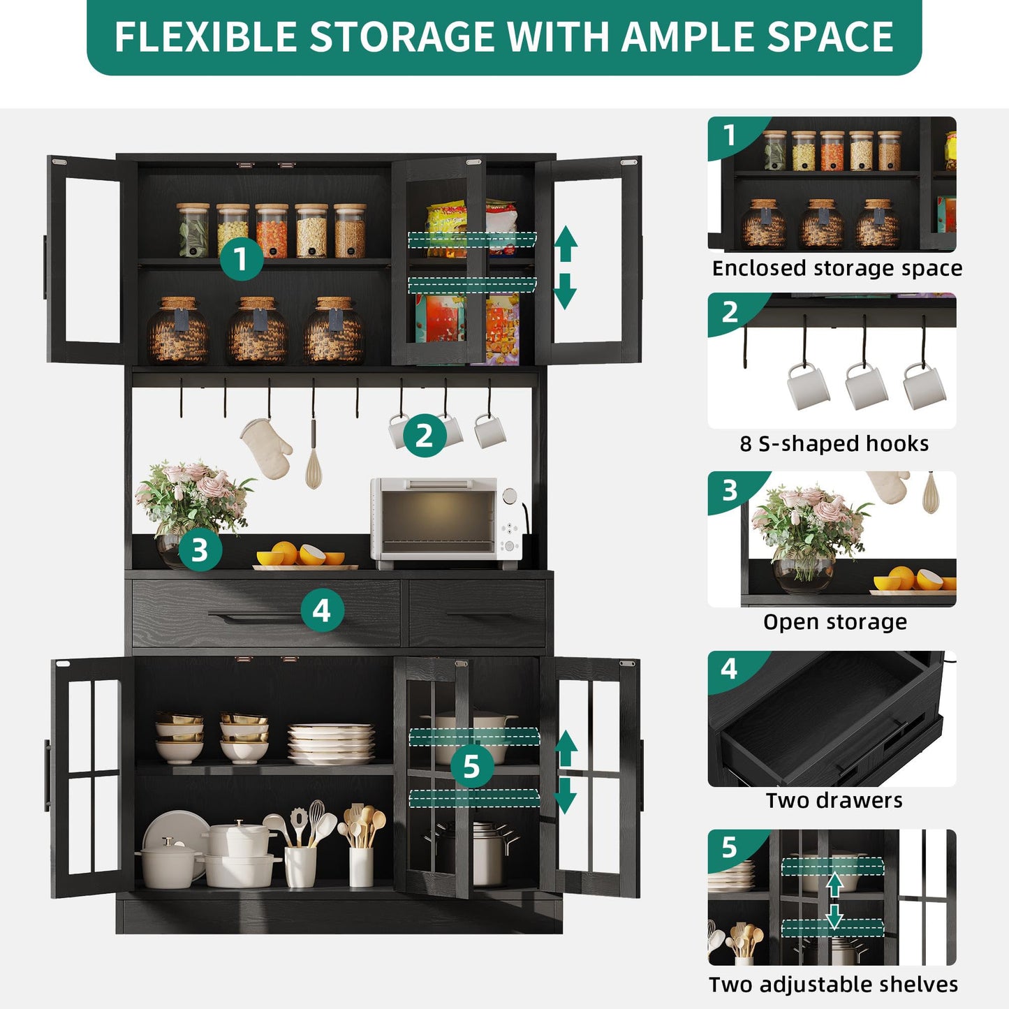 YITAHOME 71'' Kitchen Pantry Storage Cabinet with Microwave Stand, Tall Freestanding Hutch Cabinet with Power Outlet, Pantry Cabinets with Buffet Cupboard, Drawers and Acrylic Doors for Home, Black