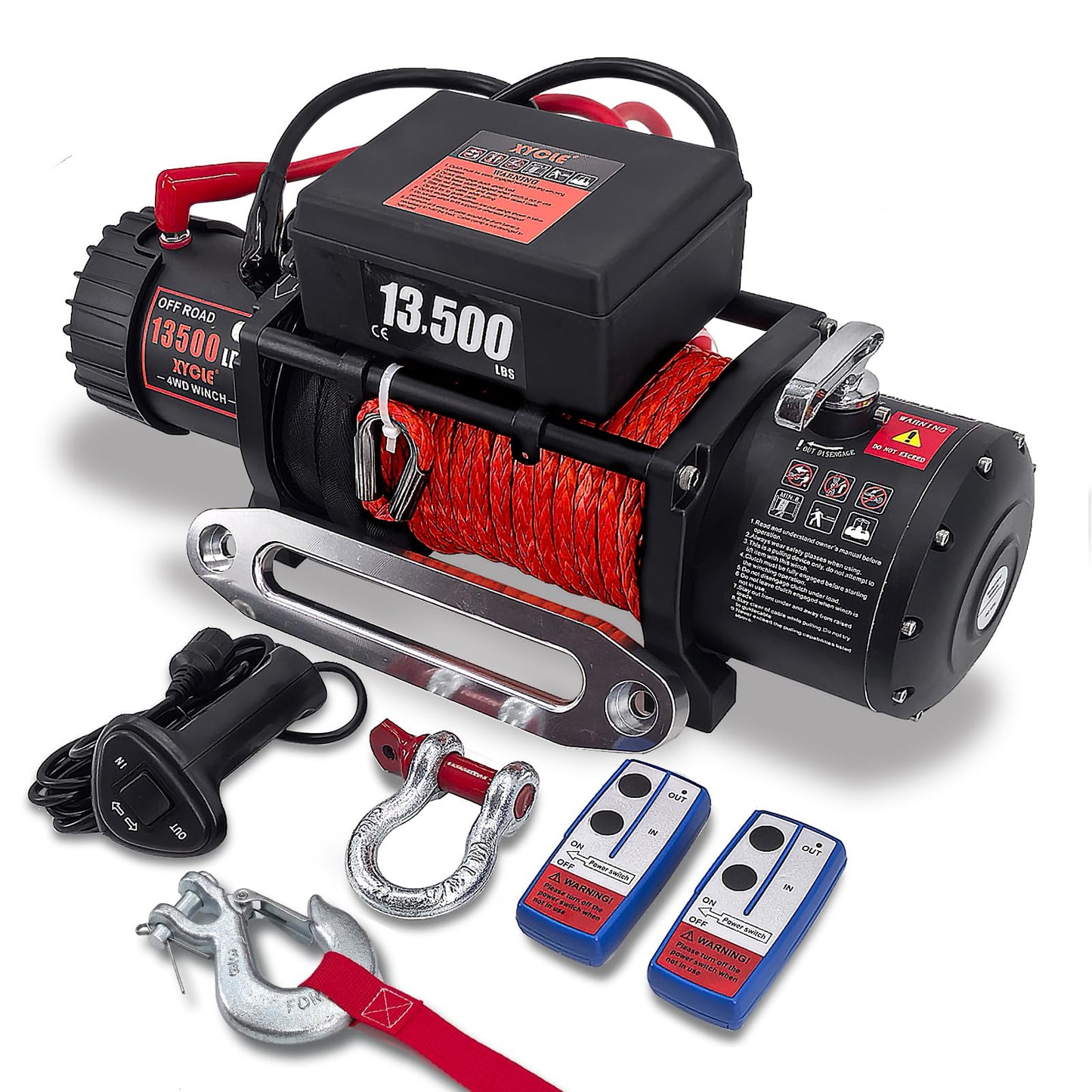 XYCLE Winch13500lbs 12V Waterproof Electric Winch Synthetic Rope Truck Winch Towing Winch Boat Trailer Winch SUV 4-Wheel Drive Off-Road Vehicle with Remote Control 3/8 Synthetic Rope (Red)