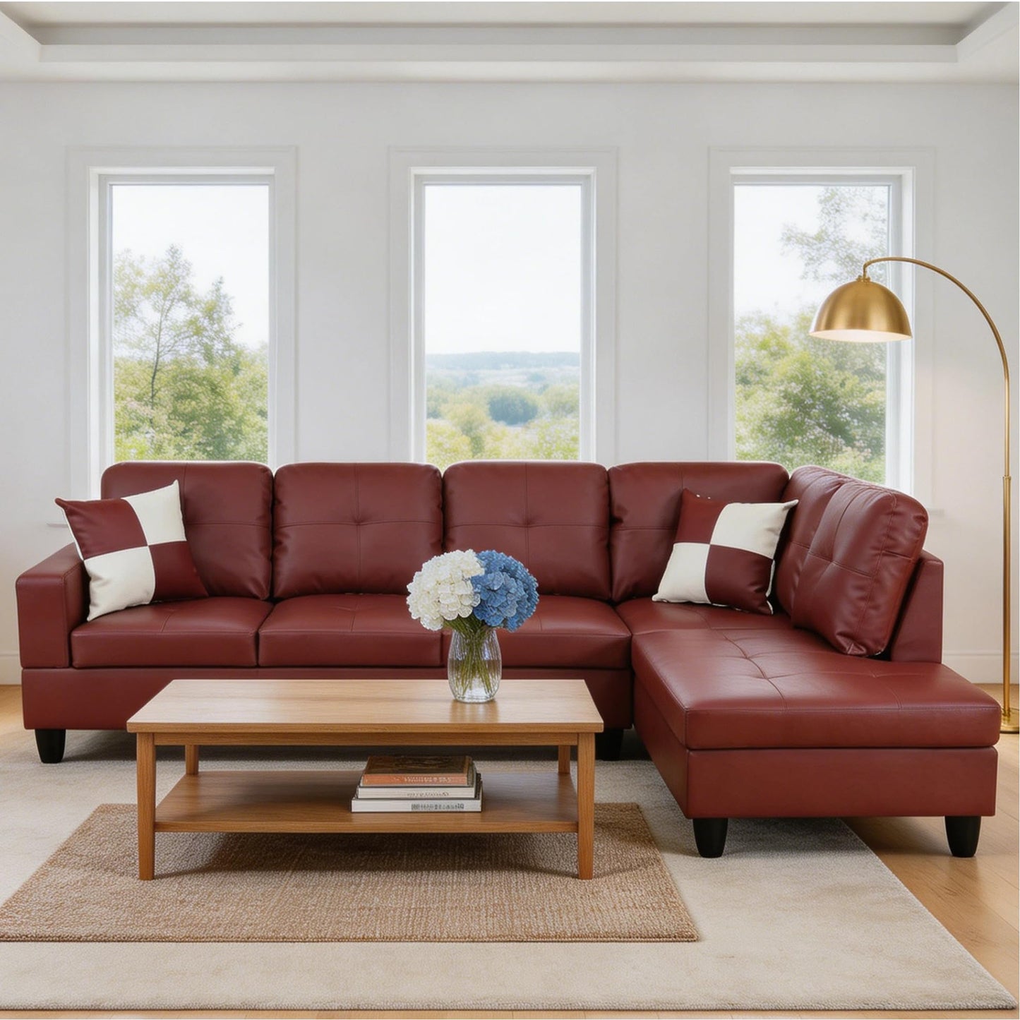 Trygoal L-Shaped Sectional Sofa, Modern 4-Seat Couch with Right Facing Chaise, Leather Sectional Couch for Living Room, Apartment, Office, Dark Red