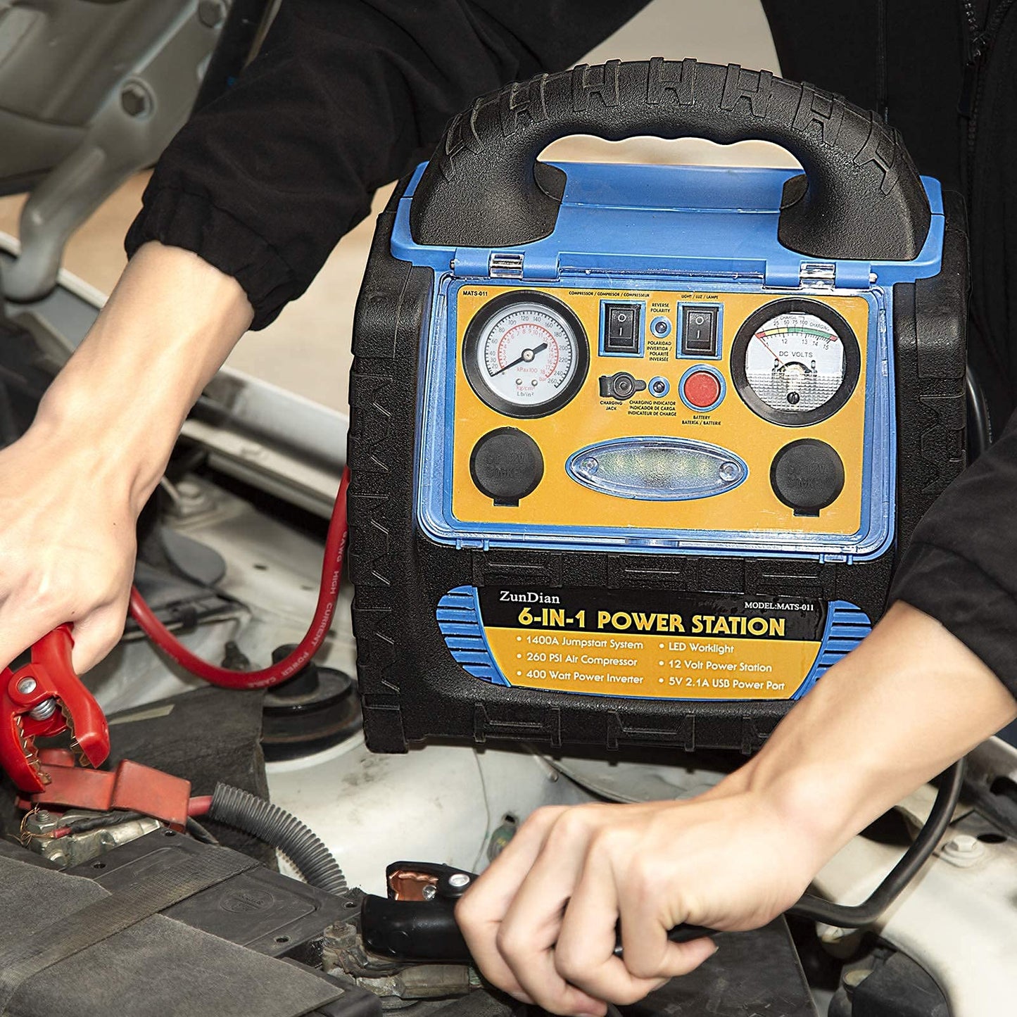 Car Jump Starter with Air Compressor, 1800A Battery Booster Pack for Up to 8.0L Gas & 6.0L Diesel, 150PSI Tire Inflator, 400W Portable Power Station with AC Outlet, 6-in-1 Jump Box for Cars, Trucks
