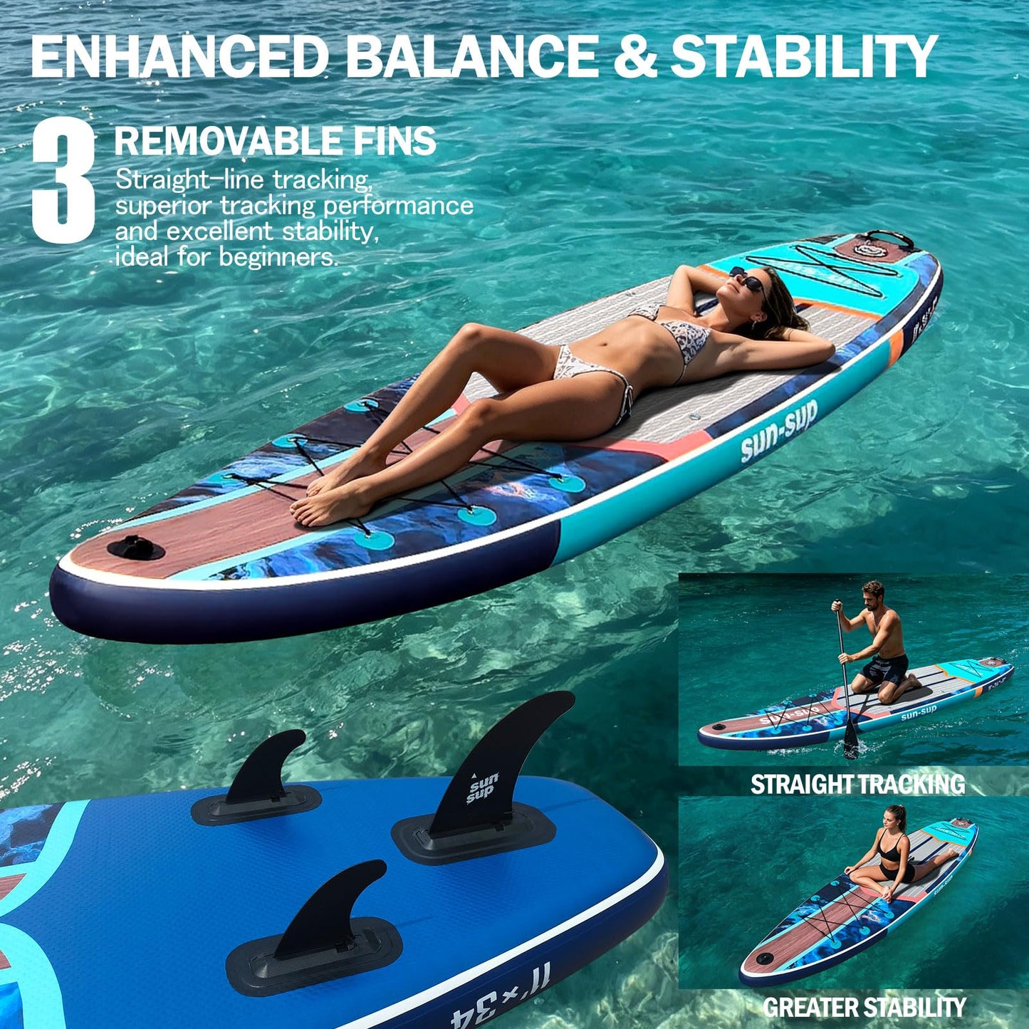 SUN-SUP 11ft Inflatable Stand Up Paddle Board for Adults, All-Around Board with Stable Non-Slip Deck, Ideal for Fishing, Surfing & Water Sports