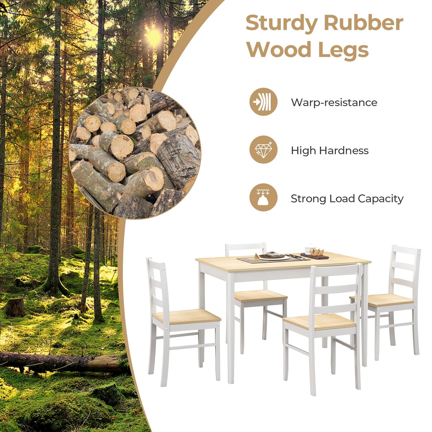 Tangkula Dining Table Set for 4, Solid Wood, Farmhouse Dinette Set w/Rubber Wood Legs, Compact Dining Table and Chairs Set for Kitchen, Dining Room (Natural+White)
