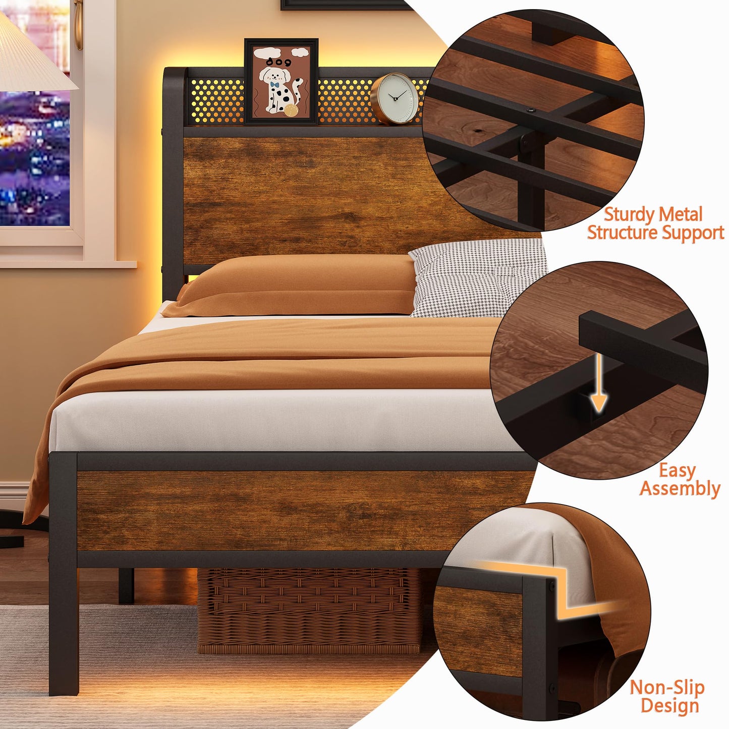 Nedenyou King Bed Frame with Charging Station and LED Lights,Heavy Duty Platform Beds King Size with Storage Headboard,USB Port,Rustic Wood and Strong Metal Support,No Box Spring Needed, Noise Free