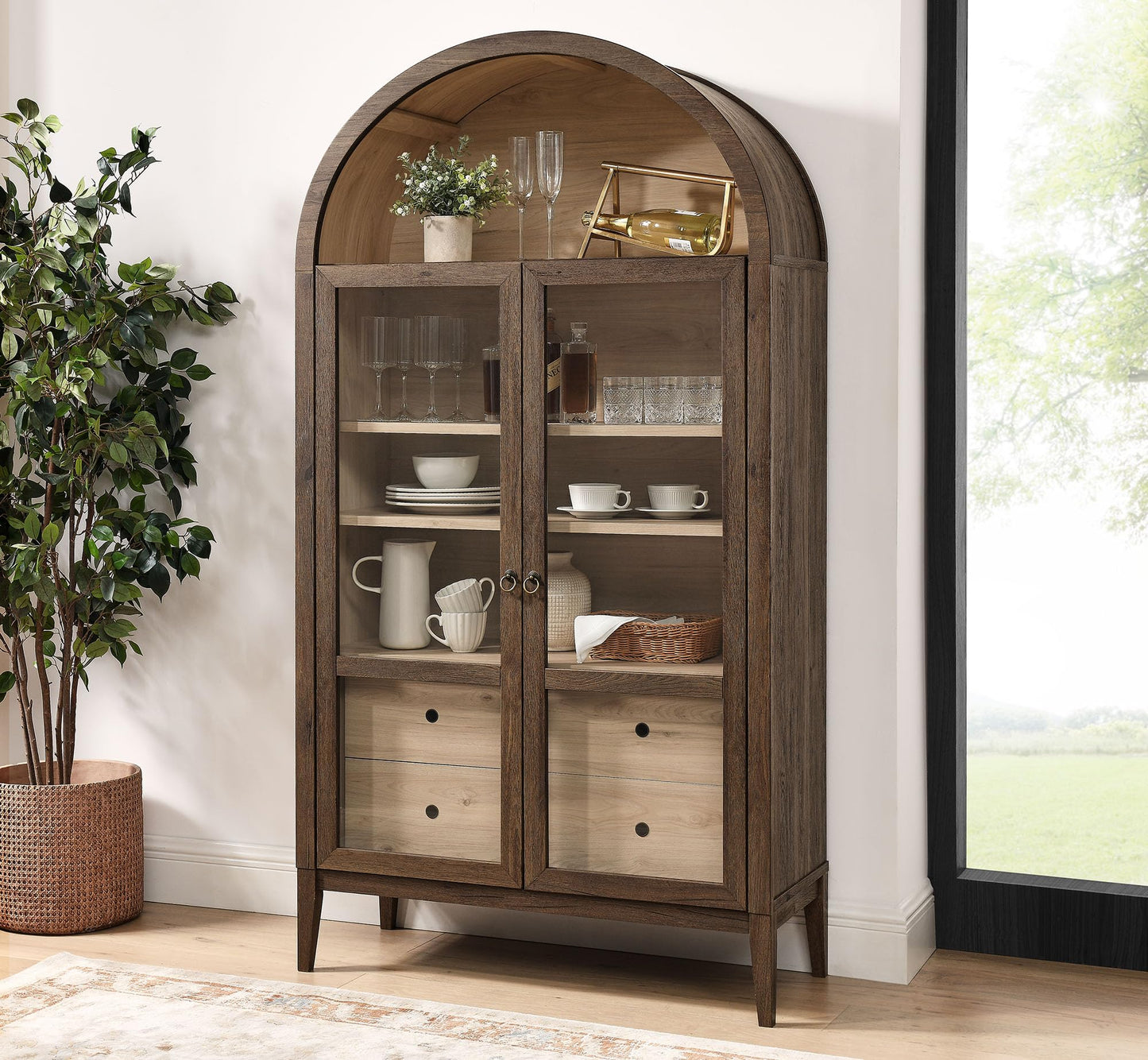 Modway Nolan Tall Arched Storage Display Cabinet in Walnut Light Oak - 74 Inch Arch Bookshelf with Glass Doors, Shelves and Drawers - Modern Accent Cabinet for Living Room, Dining Room