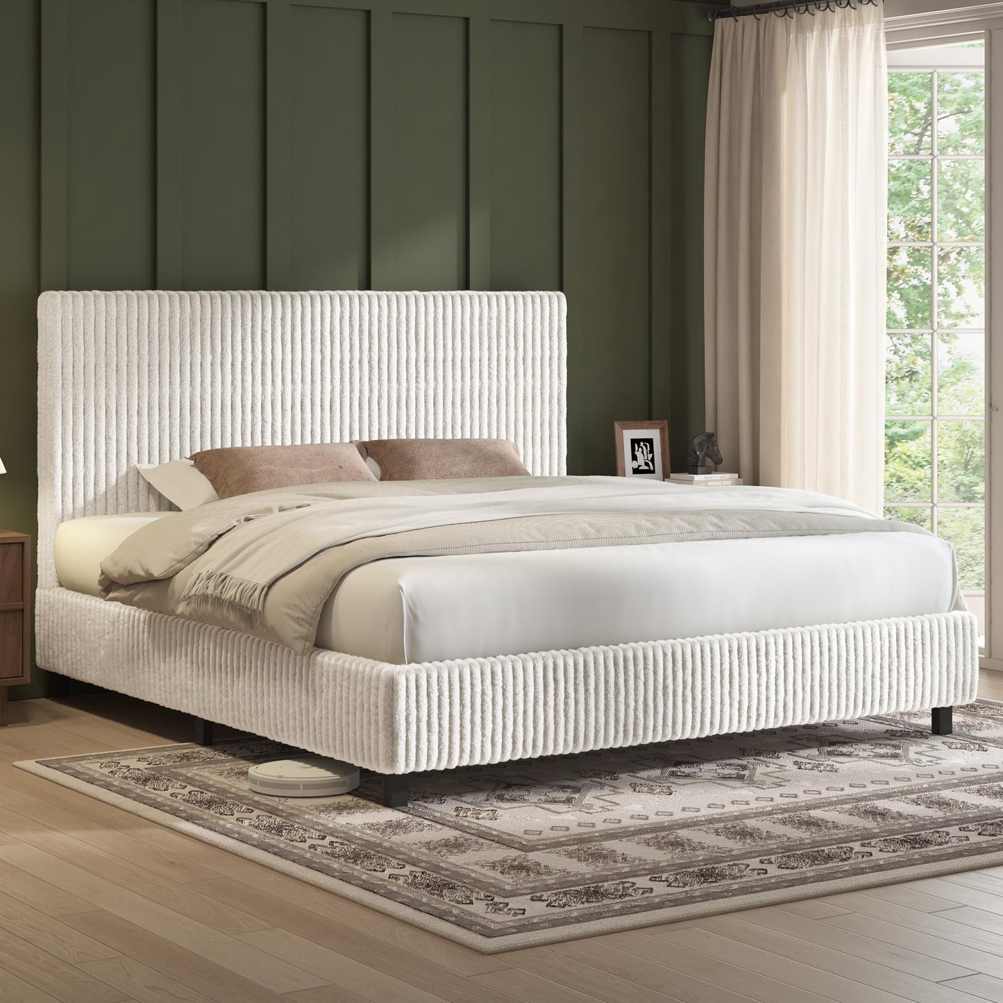 AMERLIFE King Bed Frame, Upholstered Metal Platform Bed with Vertical Channel Tufted Headboard, Soft Fabric & Strong Metal Slats, No Noise/Easy Assembly, White King Upholstered Bed and Headboard