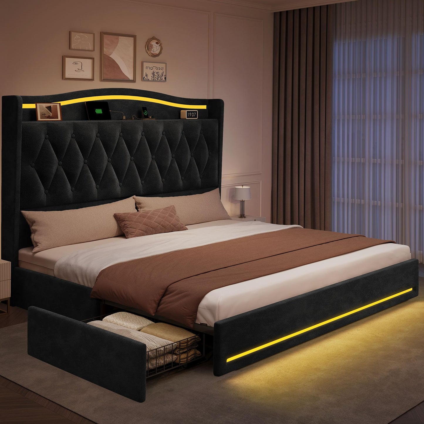 YITAHOME King Size Bed Frame with 4 Storage Drawers and RGB LED Lights, 57'' Tall Headboard Velvet Upholstered Bed with Charging Station, No Box Spring Needed, Easy Assembly, Noise-Free, Black