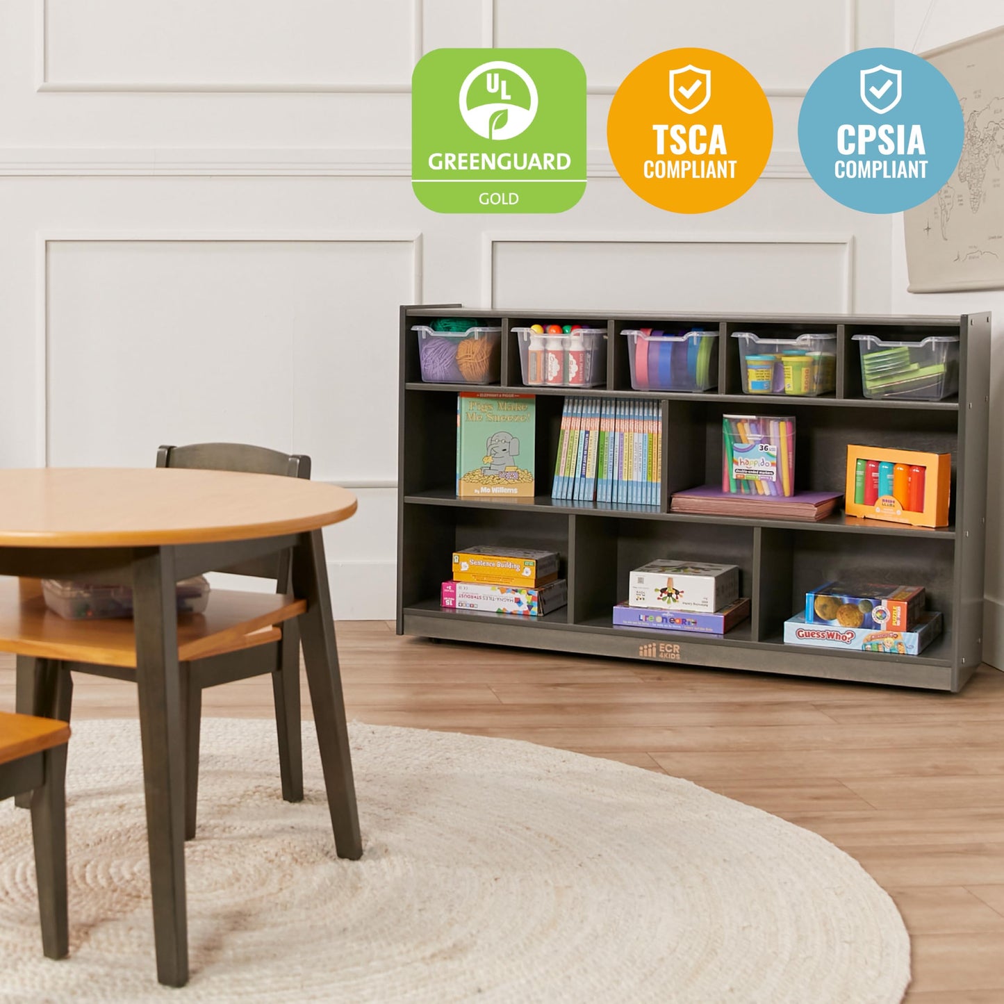 ECR4Kids 5+5 Cubby and Storage Mobile Tray Cabinet, Classroom Furniture, Grey Wash