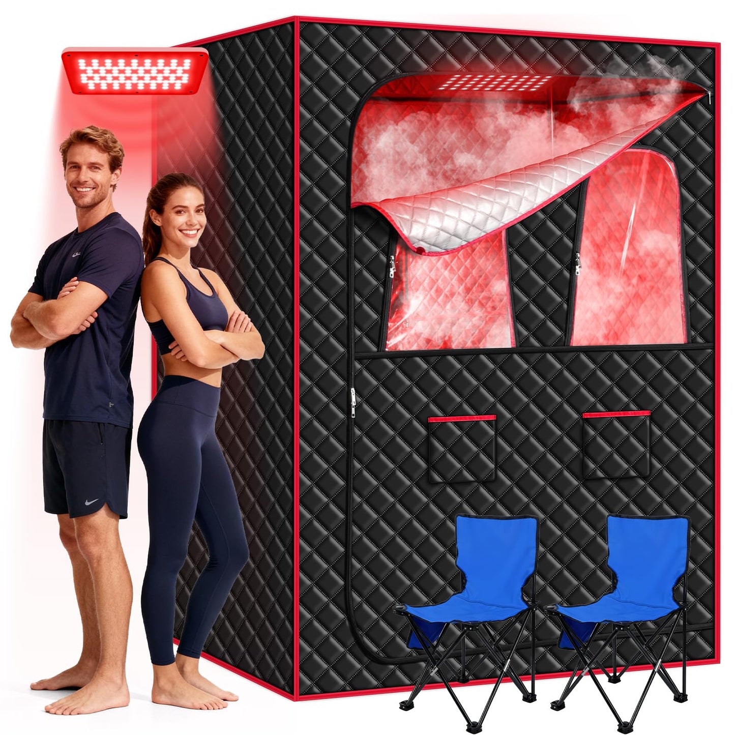 Morfone 2 Person Portable Infrared Steam Sauna with 660nm Red Light Therapy Lamp & 2 Steamers 2 Folding Chairs, Full Body Sauna Spa Tent at Home for Relaxation, 71"x 49"x 36",Black