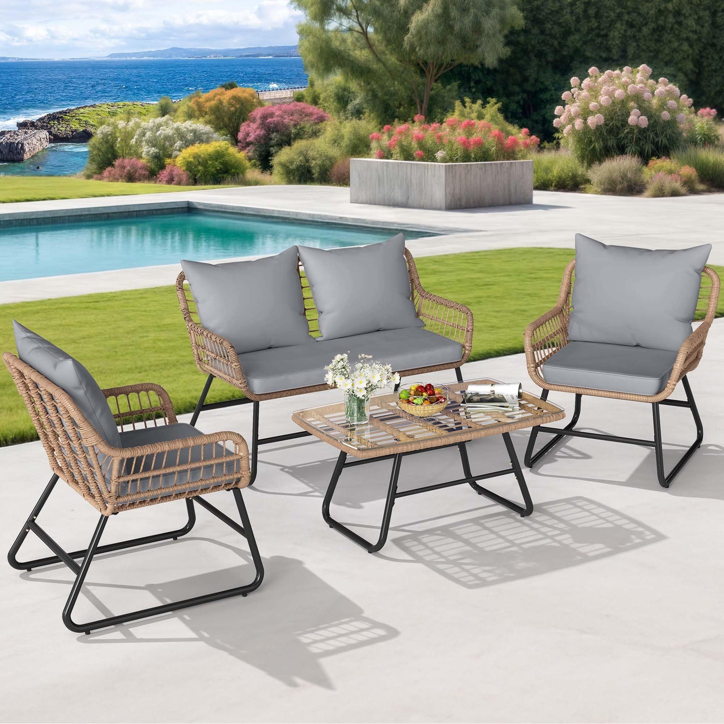 YITAHOME 4-Piece Patio Furniture Set, Wicker Outdoor Furniture Set with Cushions, Outdoor Table and Chairs for Balcony, Backyard, Deck, All-Weather Rattan Conversation Set, Light Gray