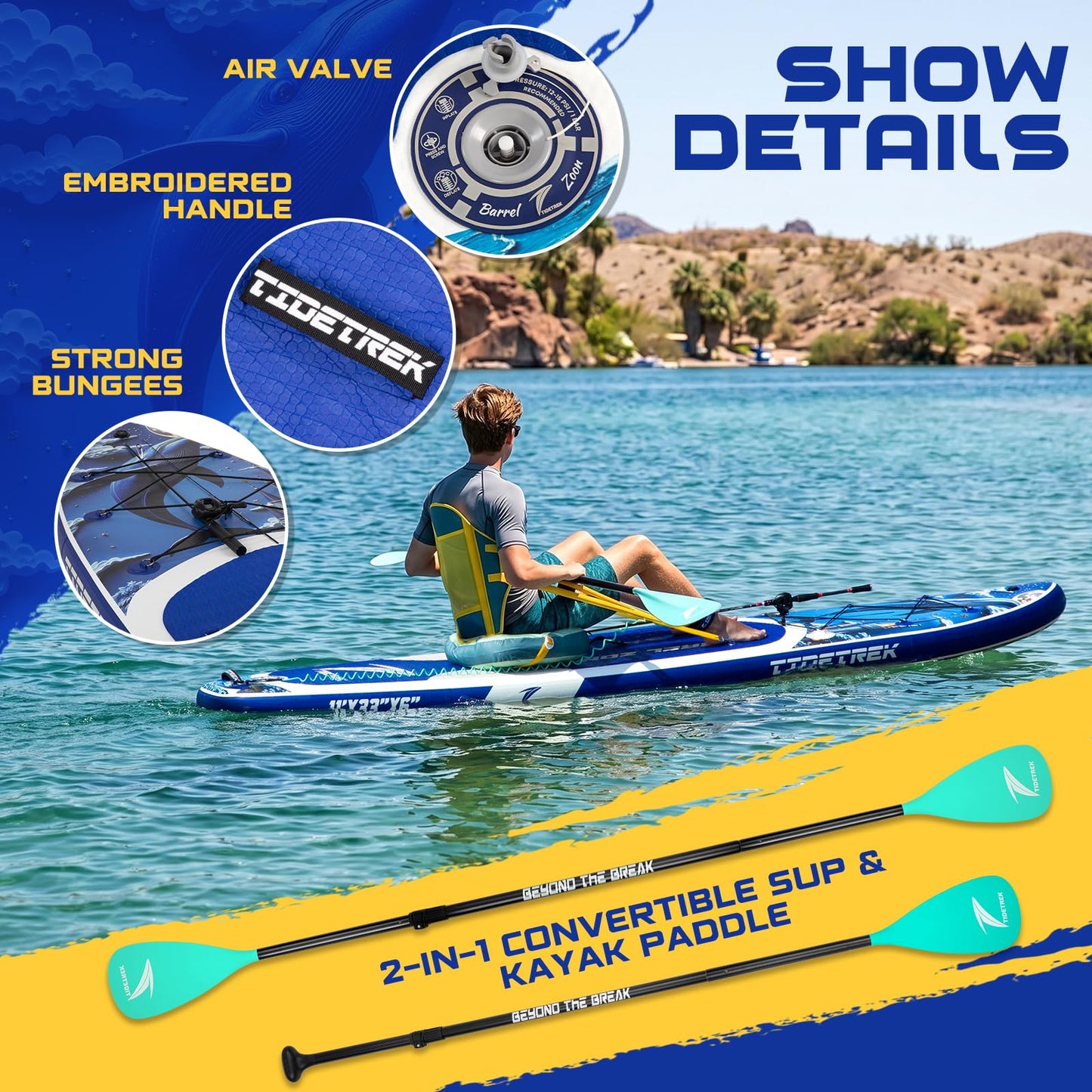 TIDETREK 11'/11'6" x 33"/34" x 6" Inflatable SUP Paddle Board – Extra-Wide, Stable Stand Up Paddle Board with Premium Full Accessory Set for Adults & Youth (Whale Dream/Kayak Seat, 11'x33 x6)