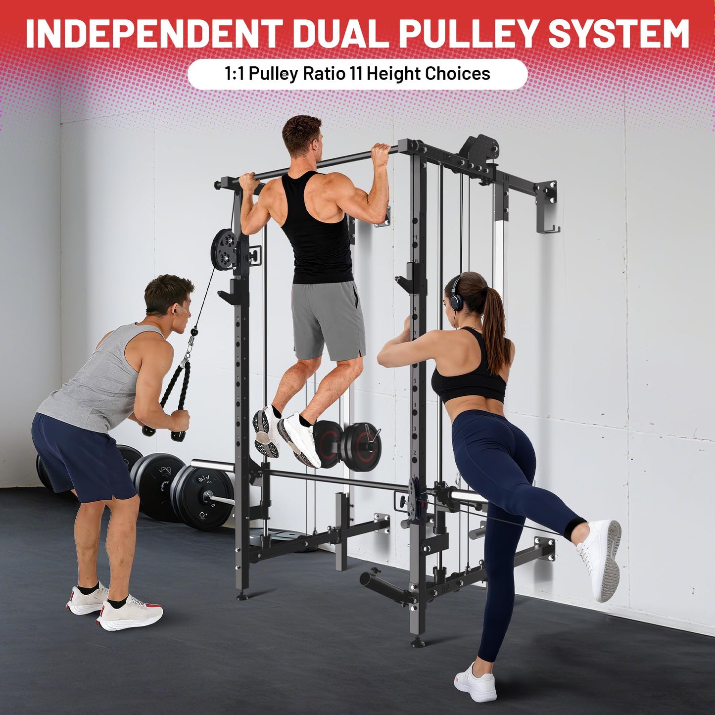 Garvee Wall Mount Smith Machine, Folding Power Rack with Independent Dual Pulley System, Multi-Function Squat Rack, Heavy Duty Power Cage Workout Equipment for Home Gym Strength Training