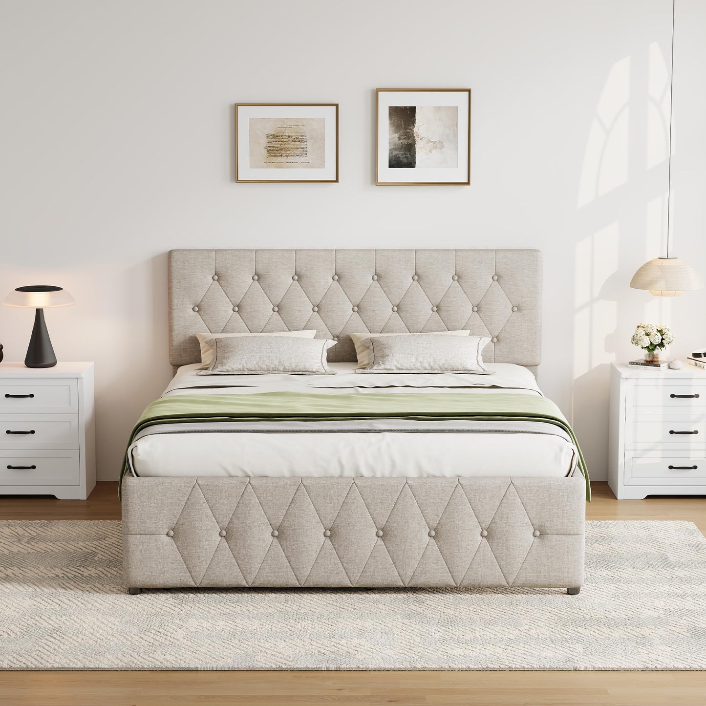 Ball & Cast Queen Bed Frame with Adjustable Headboard,Upholstered Platform Bed Frame Queen Size with 2 Wood Storage Drawers & Pull‑Out Trundle Bed,Wooden Slats Support,No Box Spring Needed,Taupe