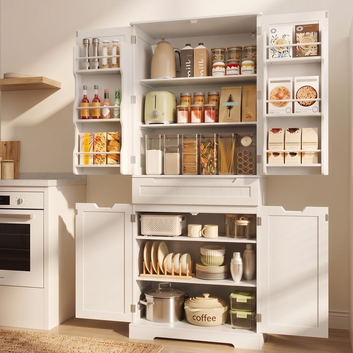 Gizoon 70" Tall Kitchen Pantry Cabinet with Doors and Adjustable Shelves, Pantry Storage Cabinet with Drawer Freestanding Organizer for Small Kitchen Bathroom Laundry Room, Painted White