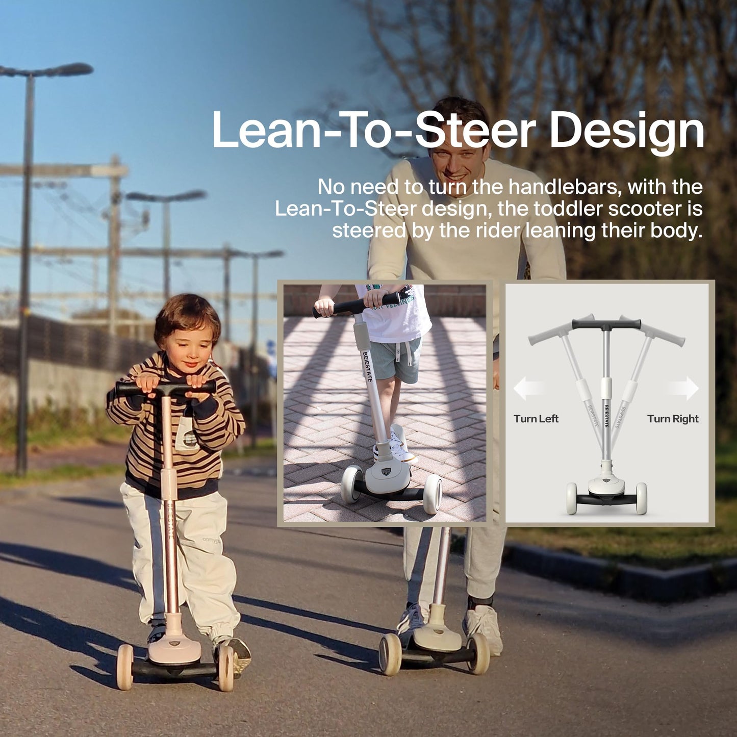 BEIESTATE 3 Wheel Scooter for Kids Ages 3-18, Up to 220 Lbs, Kids Scooter with Adjustable Lean-To-Steer Switch, Foldable, Lightweight, Wide Anti-Slip Deck, Adjustable Height Handlebar, Light-Up Wheels