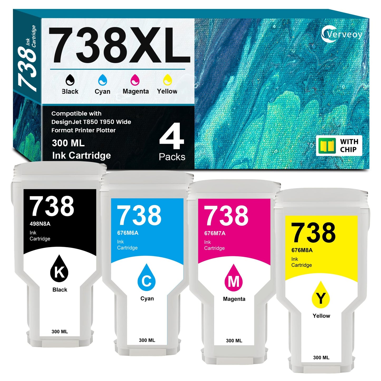 738 738XL Ink Cartridge 4-Pack with Chip Replacement for HP 738 Ink 498N8A 676M6A 676M7A 676M8A DesignJet T850 Ink - 300ML for DesignJet T850 T950 Wide Format Printer Plotters (4-Pack, BK/C/M/Y)