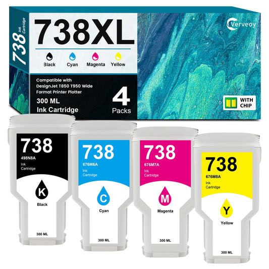 738 738XL Ink Cartridge 4-Pack with Chip Replacement for HP 738 Ink 498N8A 676M6A 676M7A 676M8A DesignJet T850 Ink - 300ML for DesignJet T850 T950 Wide Format Printer Plotters (4-Pack, BK/C/M/Y)