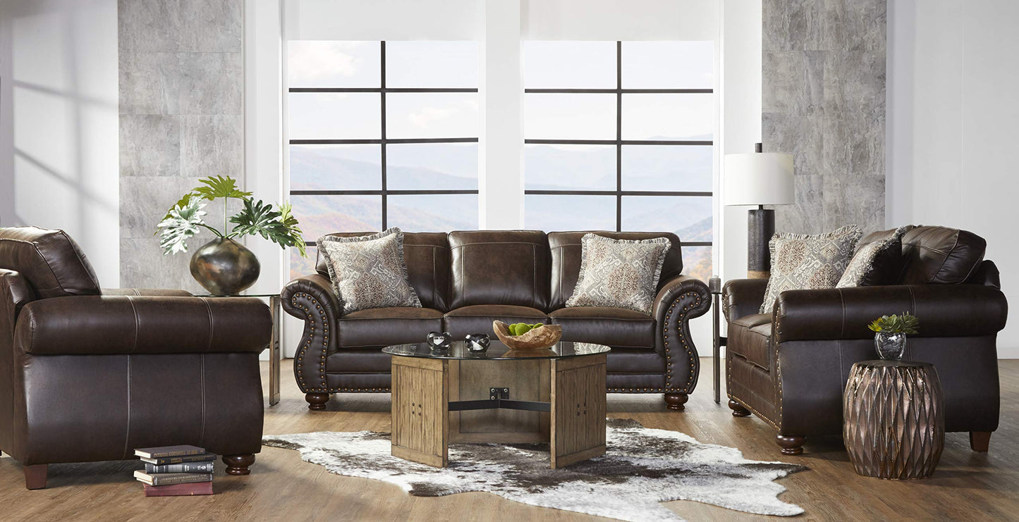 Roundhill Furniture Leinster Fabric Upholstered Nailhead 3-Piece Livingroom Set, Sofa, Loveseat, and Chair Set, Espresso
