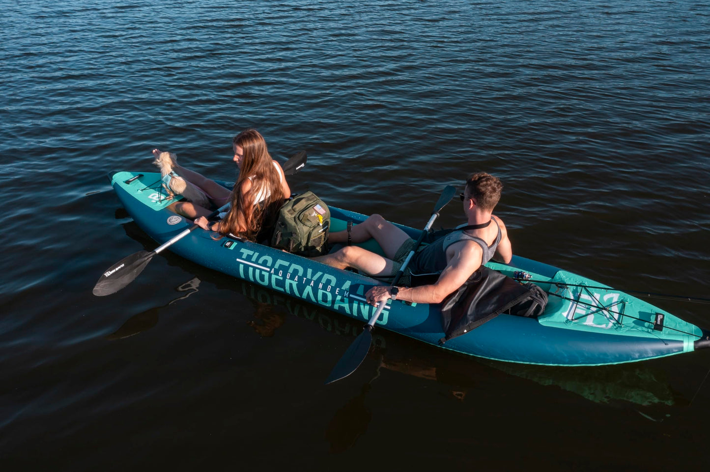 TIGERXBANG 13.8'x37.8''x9.4'' Inflatable 2 Person Kayak, Touring Boat for Adults/Youth, Kayak Set with Removable Seat, Double Paddles, Foot Pedals, Hand Pump and Multifunctional Accessories