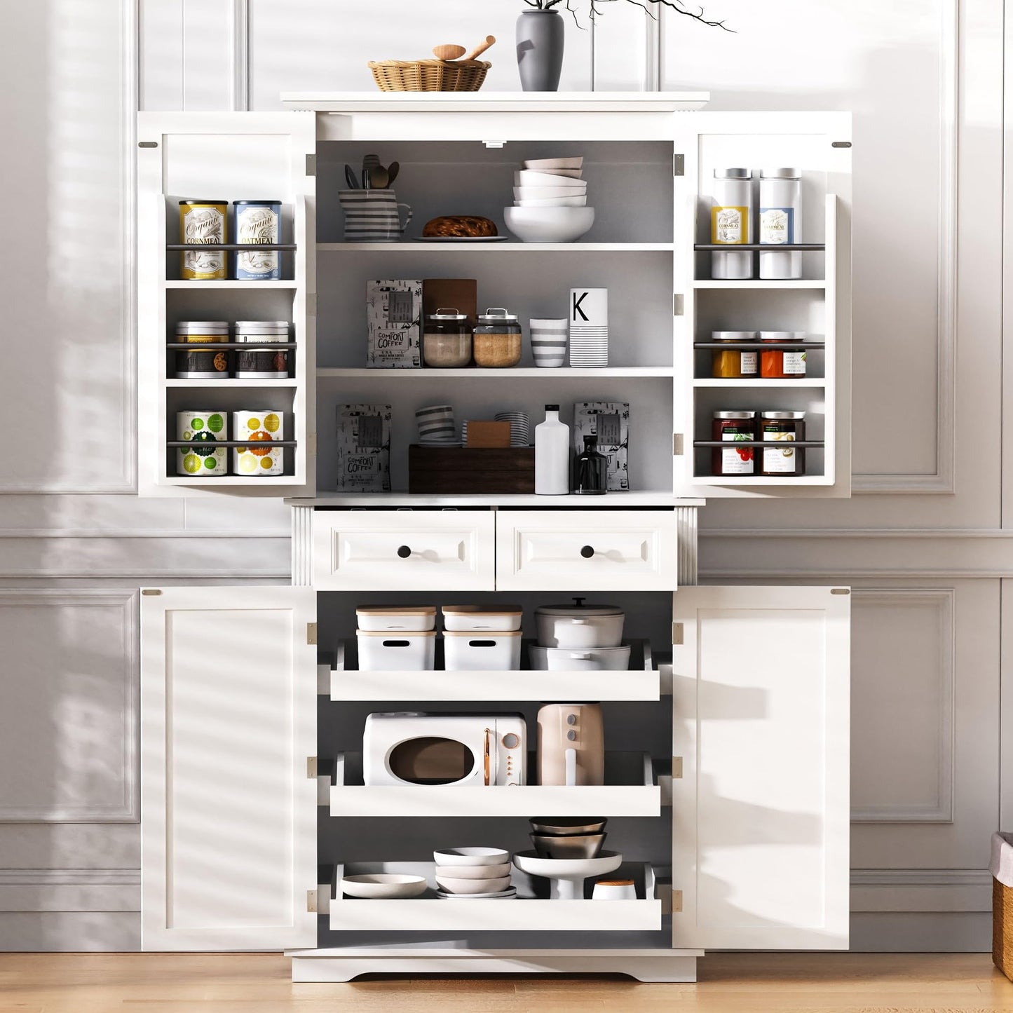 Merax 71" Tall Kitchen Pantry, Farmhouse Storage Cabinet with 6 Door Shelves, 2 Drawers and 3 Adjustable Shelves, Freestanding Rustic Wood Cupboard for Kitchen, Dining Room, White