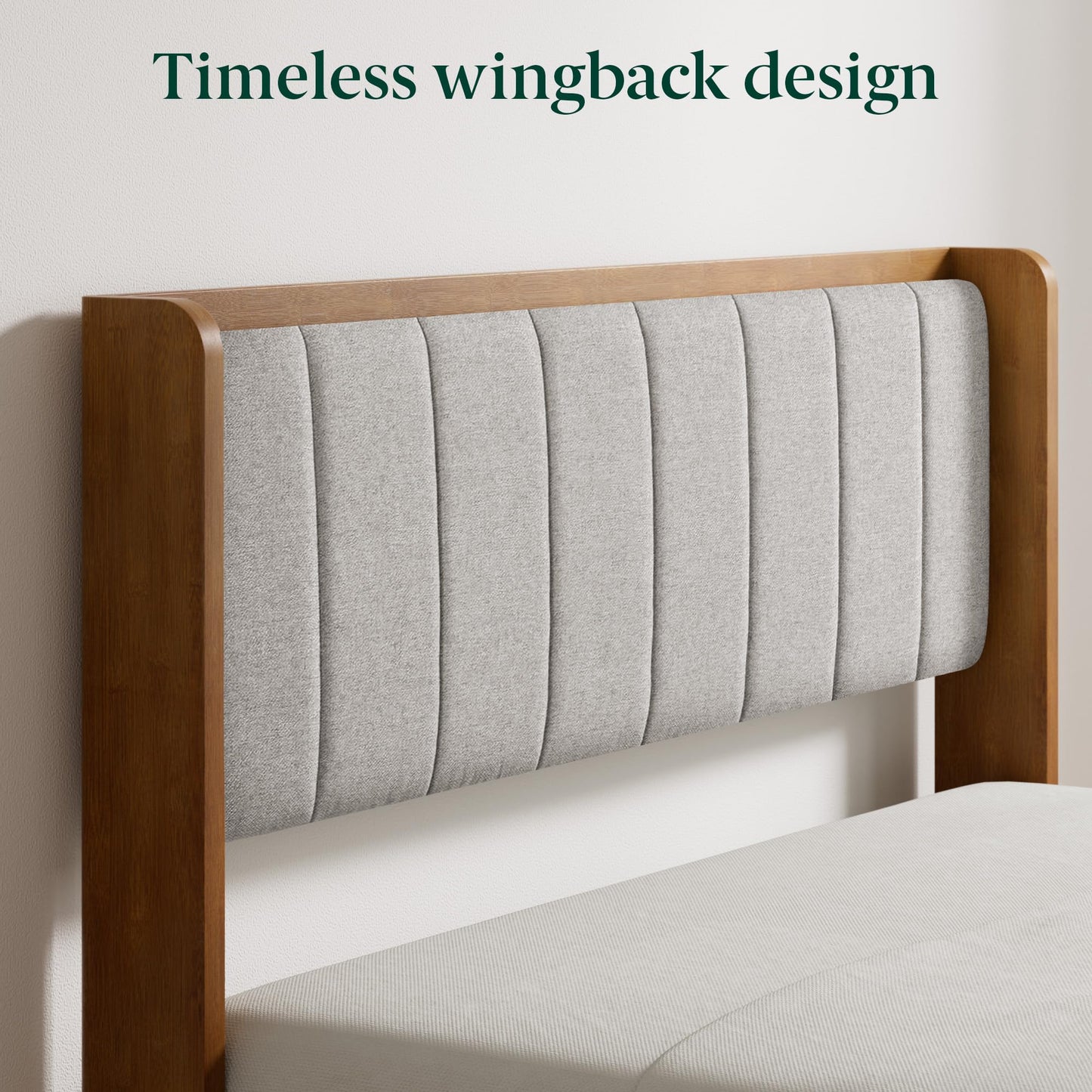 Zinus Jonas Bamboo Platform Bed Frame, Wingback Headboard, Mid-Century Modern Design, Plush Upholstered Comfort, Sustainable Bamboo, Fits Any Bedroom Style, No Box Spring Needed, Queen