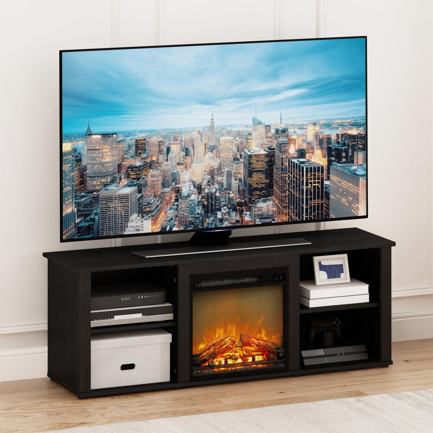 Furinno Classic TV Stand with Fireplace, Entertainment Center, TV Console for TV up to 60 Inch, for Living Room, Bedroom, Dark Americano