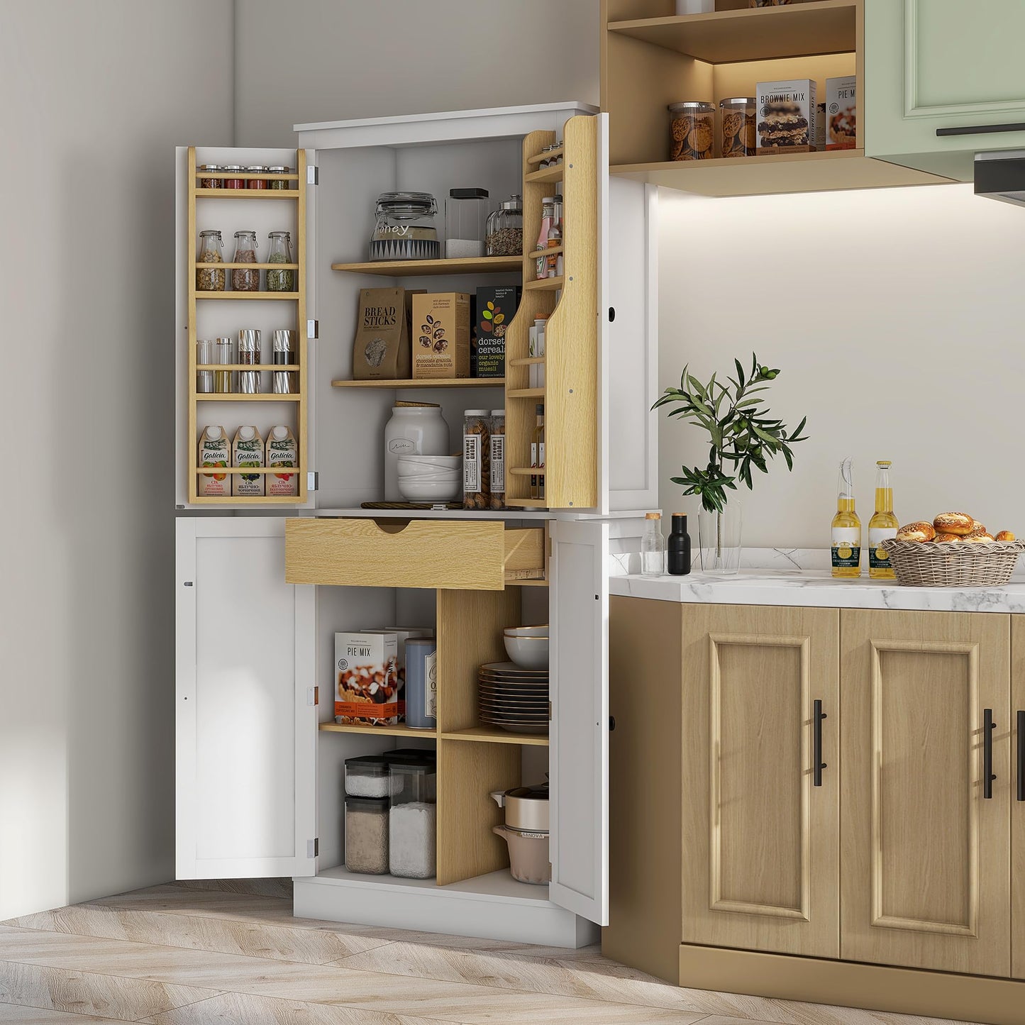 HOMCOM 72" Kitchen Pantry, Modern 4-Door Kitchen Storage Cabinet with Inside Drawer, Hanging Door Shelves, 5-Tier Shelving and Adjustable Shelf, White