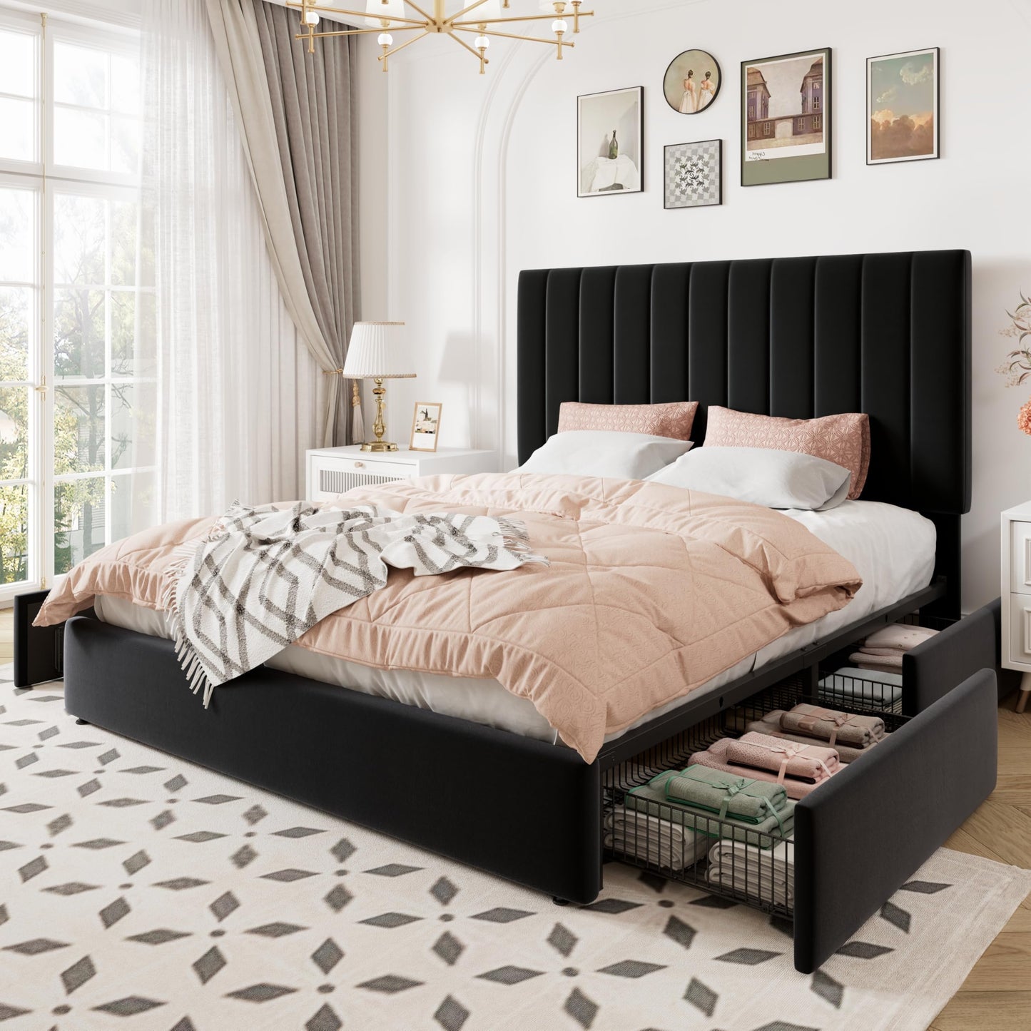 Allewie Queen Size Storage Bed Frame, Vertical Channel Tufted Adjustable Headboard, Velvet Upholstered Platform Bed with 4 Oversized Underbed Drawers, Wooden Slats Support, No Box Spring Needed, Black