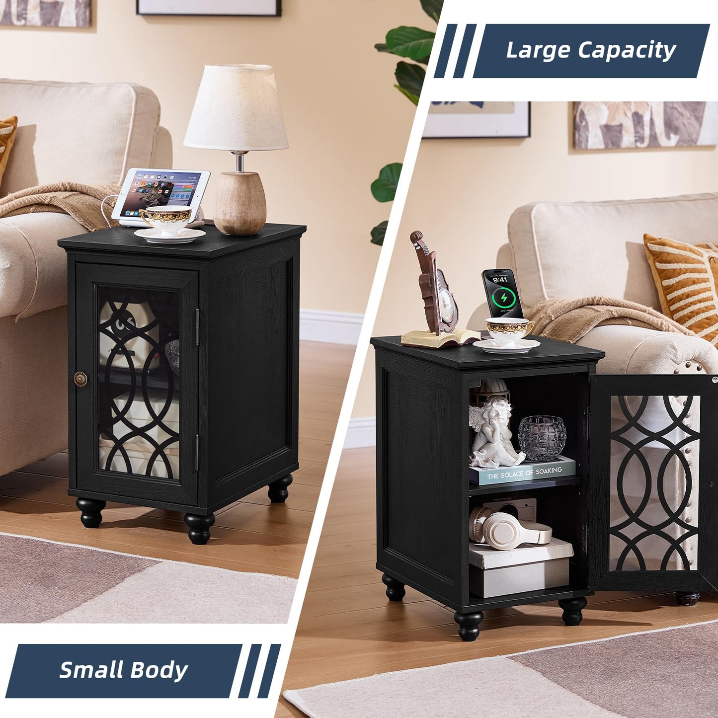 Joaxswe Narrow Side Table with Charging Station Set of 2, Night Stand with Glass Door,Bedside End Tables with Adjustable Shelf Storage Cabinet,Wood Nightstand for Small Spaces Living Room Bedroom