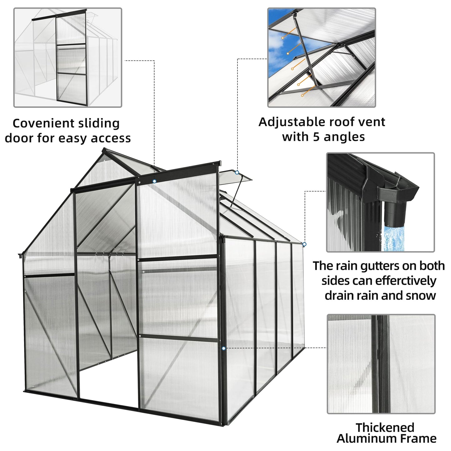 KEIKI 6x8 FT Polycarbonate Greenhouse with Aluminum Frame,Raised Base and Roof Vent,Walk-in Greenhouses for Patio Garden