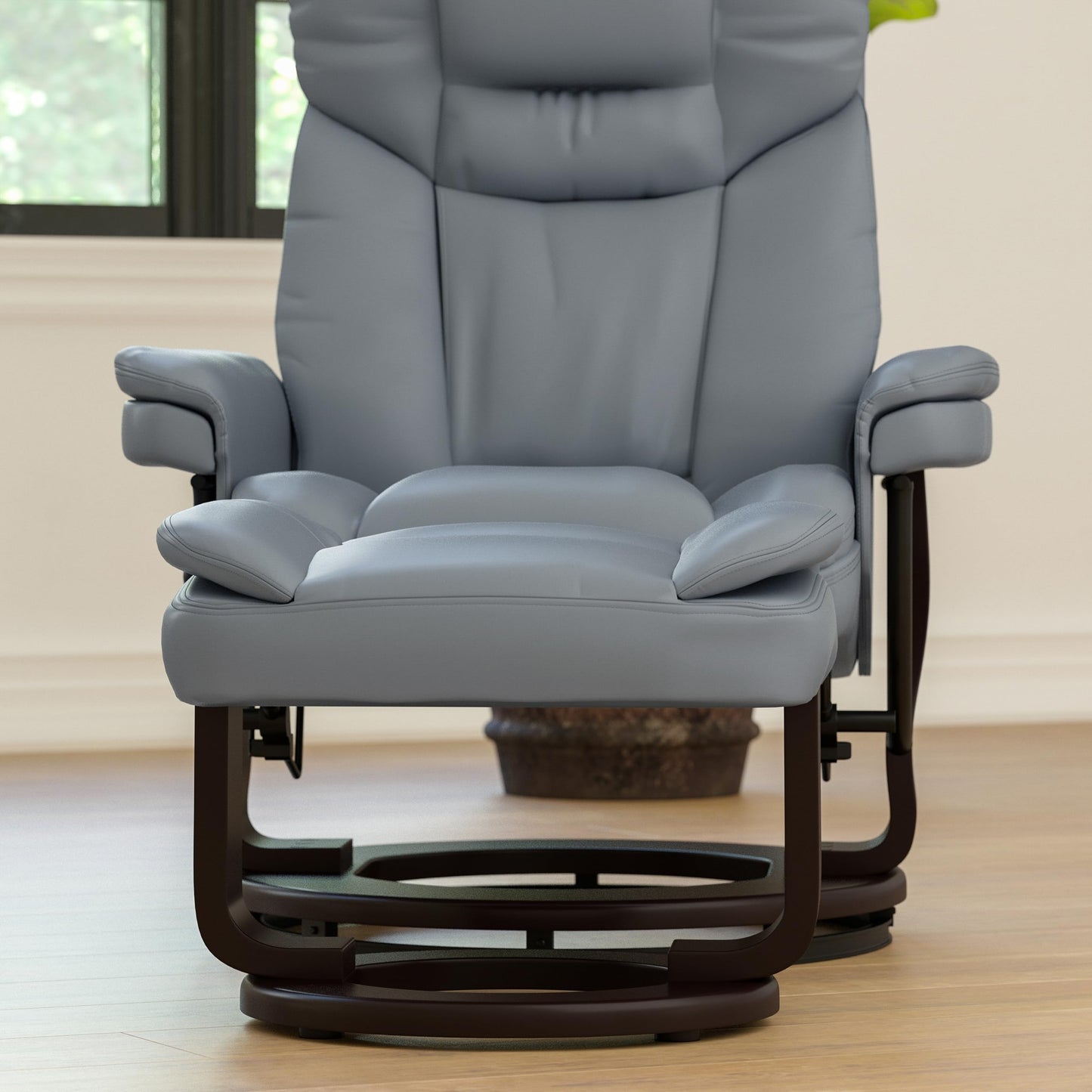 Flash Furniture Allie Contemporary Multi-Position Recliner and Curved Ottoman with Swivel Mahogany Wood Base in Gray LeatherSoft