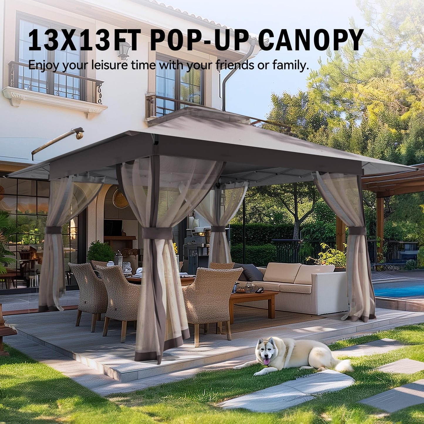 13x13 Outdoor Patio Gazebo with Mosquito Nettings - Double Roof Pop Up Canopy Tent with Wheeled Carry Bag, for Backyard Deck Lawns Garden (Brown, 13X13)