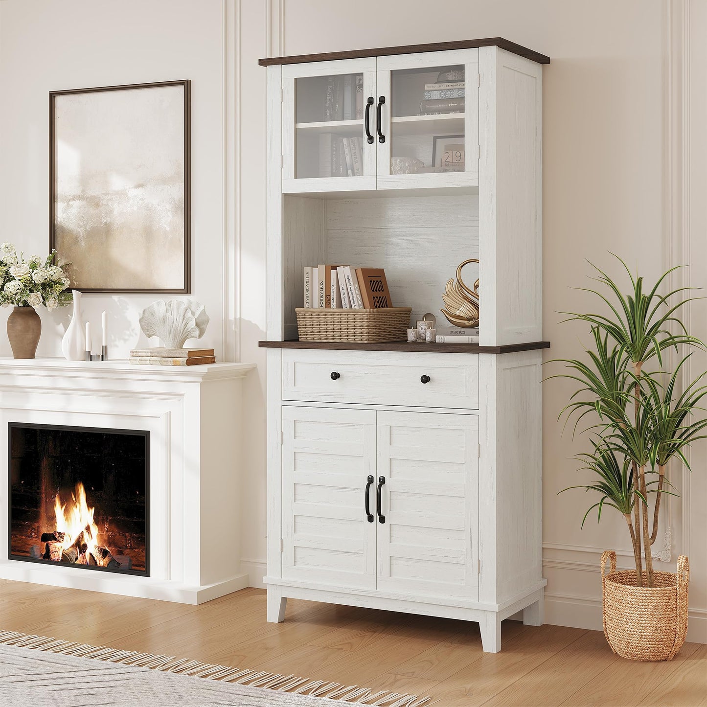 Garvee 72 in Tall Kitchen Pantry Cabinet, Kitchen Hutch Bar Cabinet with Microwave Stand, Cupboard with Drawers Glass Doors for Dining Room, Living Room, White