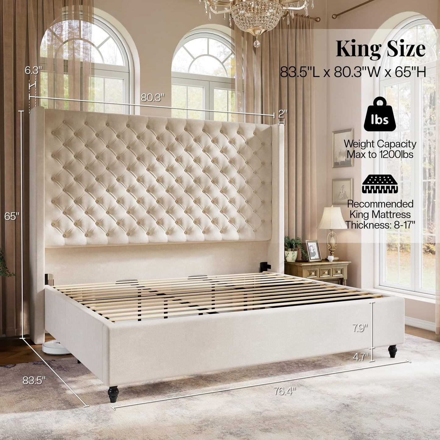 Jocisland King Size Bed Frame with 65" Tall Headboard, Upholstered Wingback Platform Design, Handcrafted Pleats & Deep Button Tufted, Solid Wood Legs, No Box Spring Needed, Cream
