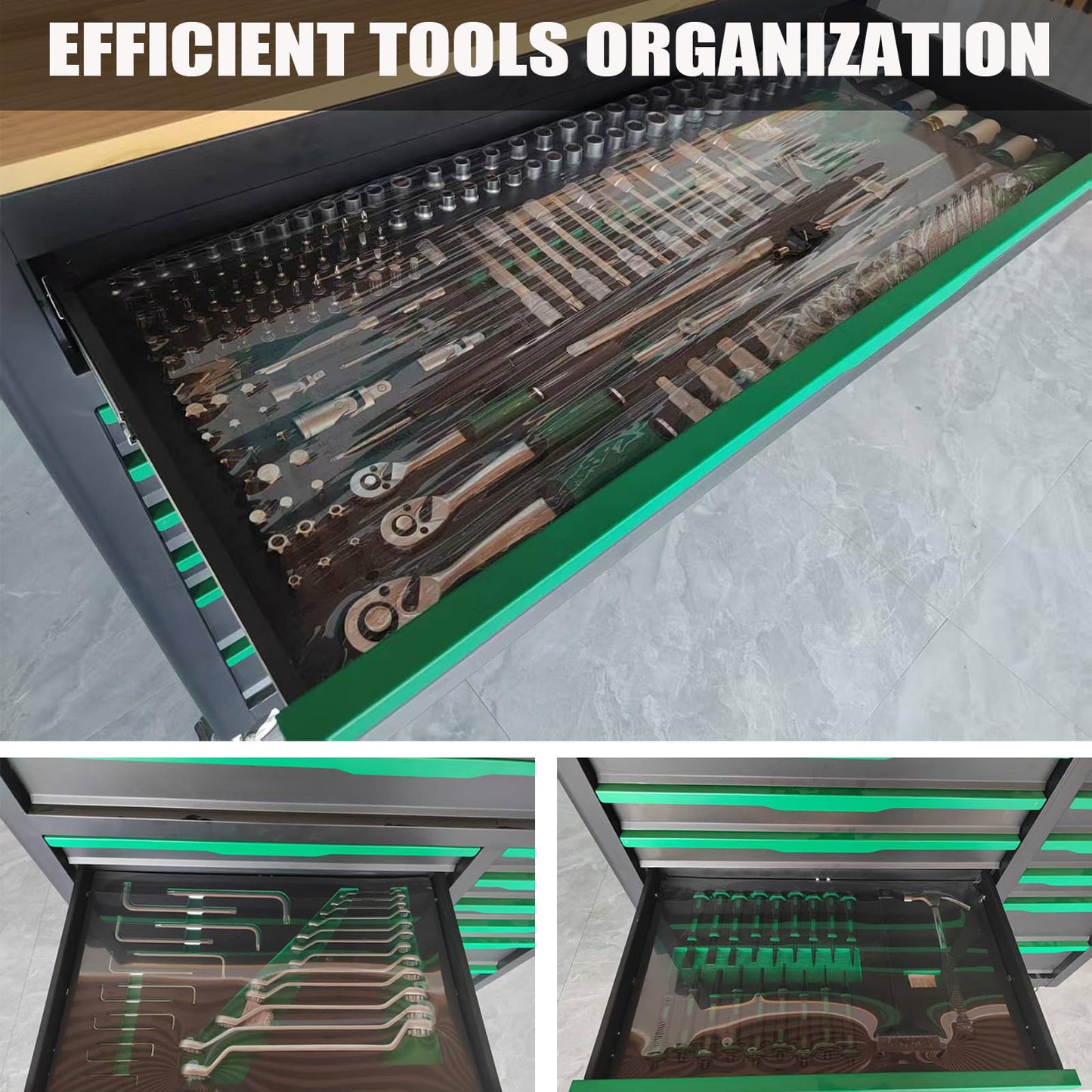 Griplier 13-Drawers Rolling Tool Cabinet with Wood Workbench,Pegboard,60.6W x 22.7D x 66.1H inch,Heavy-Duty Steel Tool Storage,Lock & Key for Home,Garbge or Workshop Use(13 Drawer + 348 Pieces Tools)
