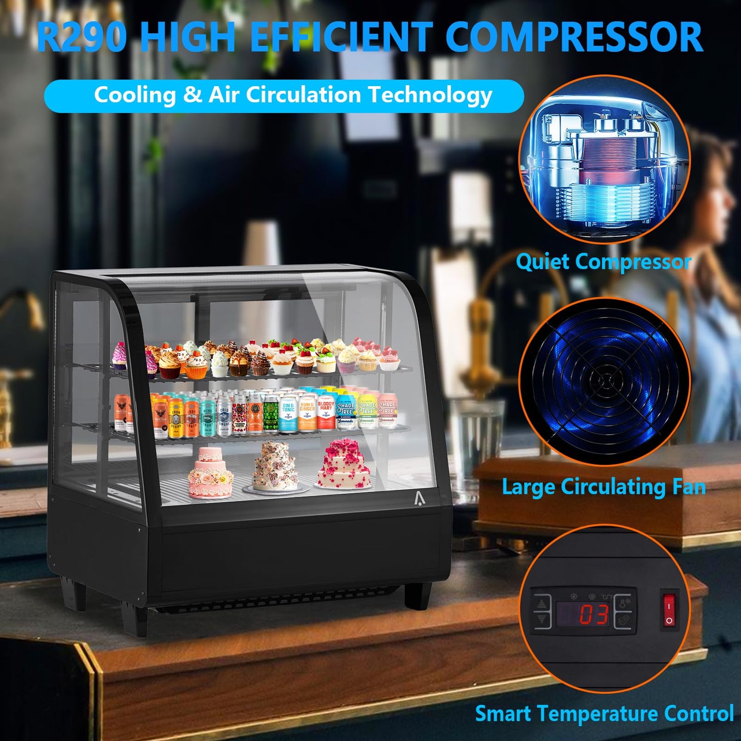 GAOMON Commercial Display Refrigerator, Glass Door Merchandiser Cooler with Adjustable Shelves, LED Lighting, Temperature Control, Sliding Rear Door for Bakery, Cafe, Restaurant, Store