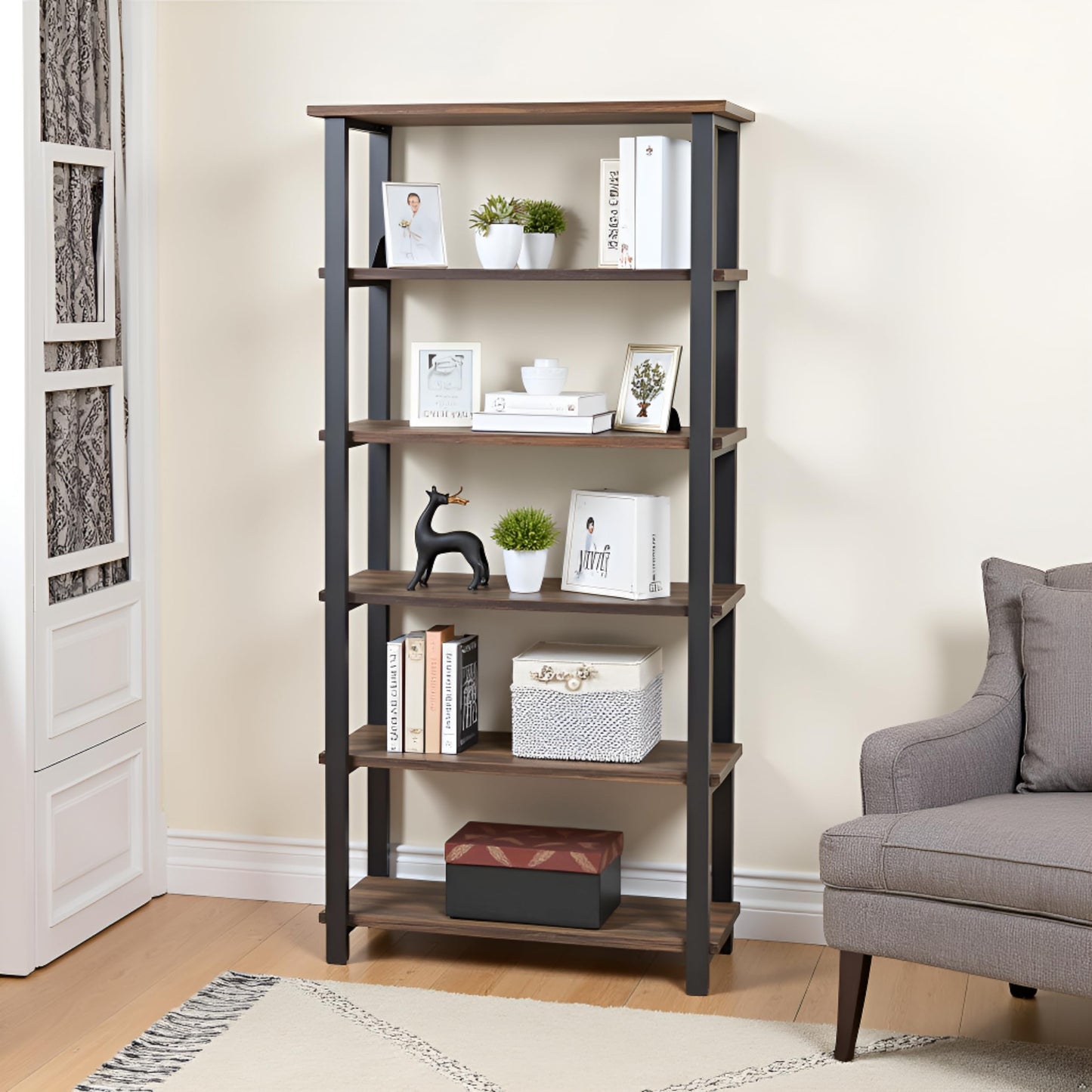 Alaterre Furniture Pomona Living Room 6-Tier Solid Wood Bookcase with Metal Frame – Rustic Industrial Modern Wood and Metal Bookshelf for Home Office, Living Room, or Bedroom Storage