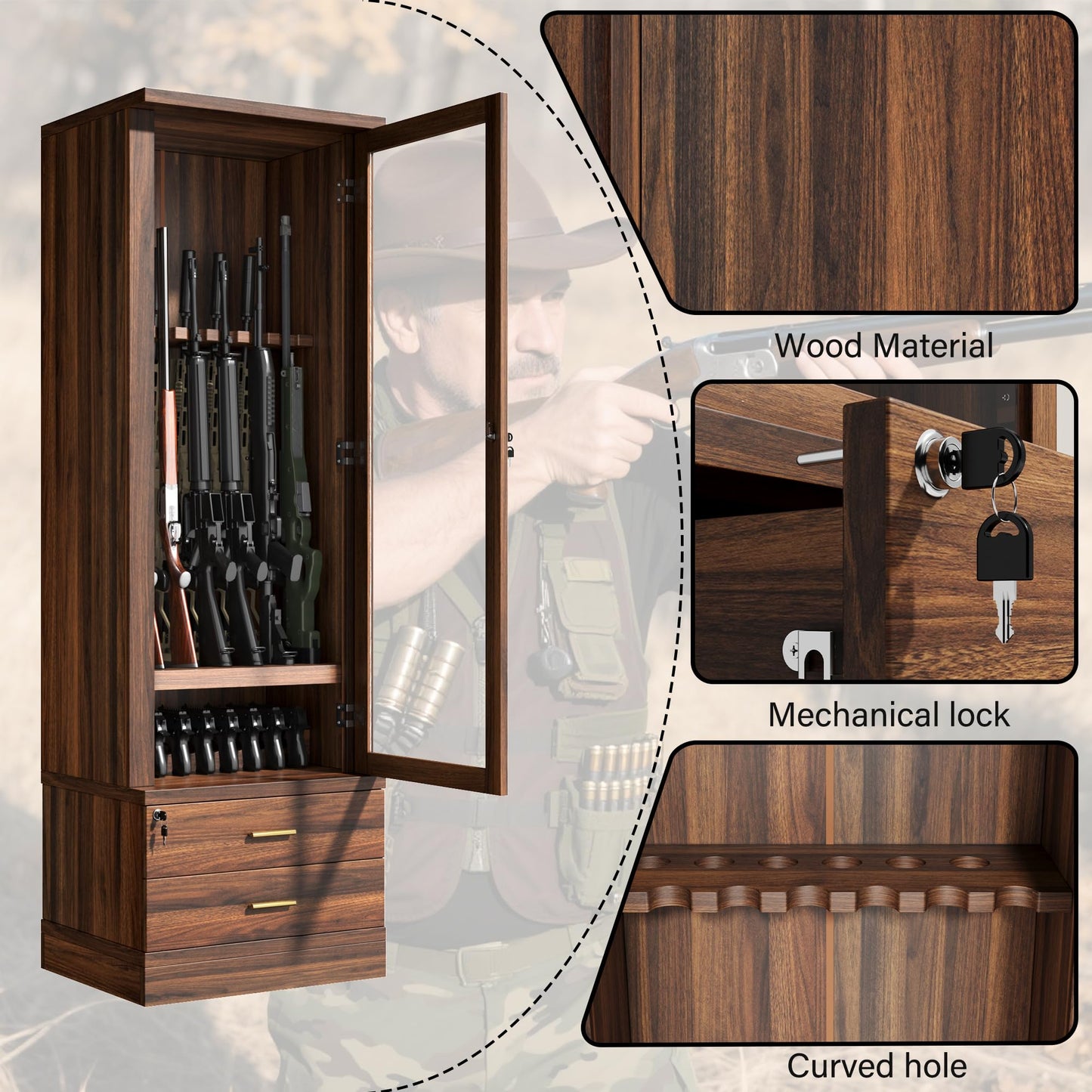 kepptory Gun Safe for 12 Long Rifles and 8 Shortgun, Gun Cabinet for Rifle with Mechanical Lock, Espresso Wood Gun Cabinet for Dinning Living Room, Easy Assembly