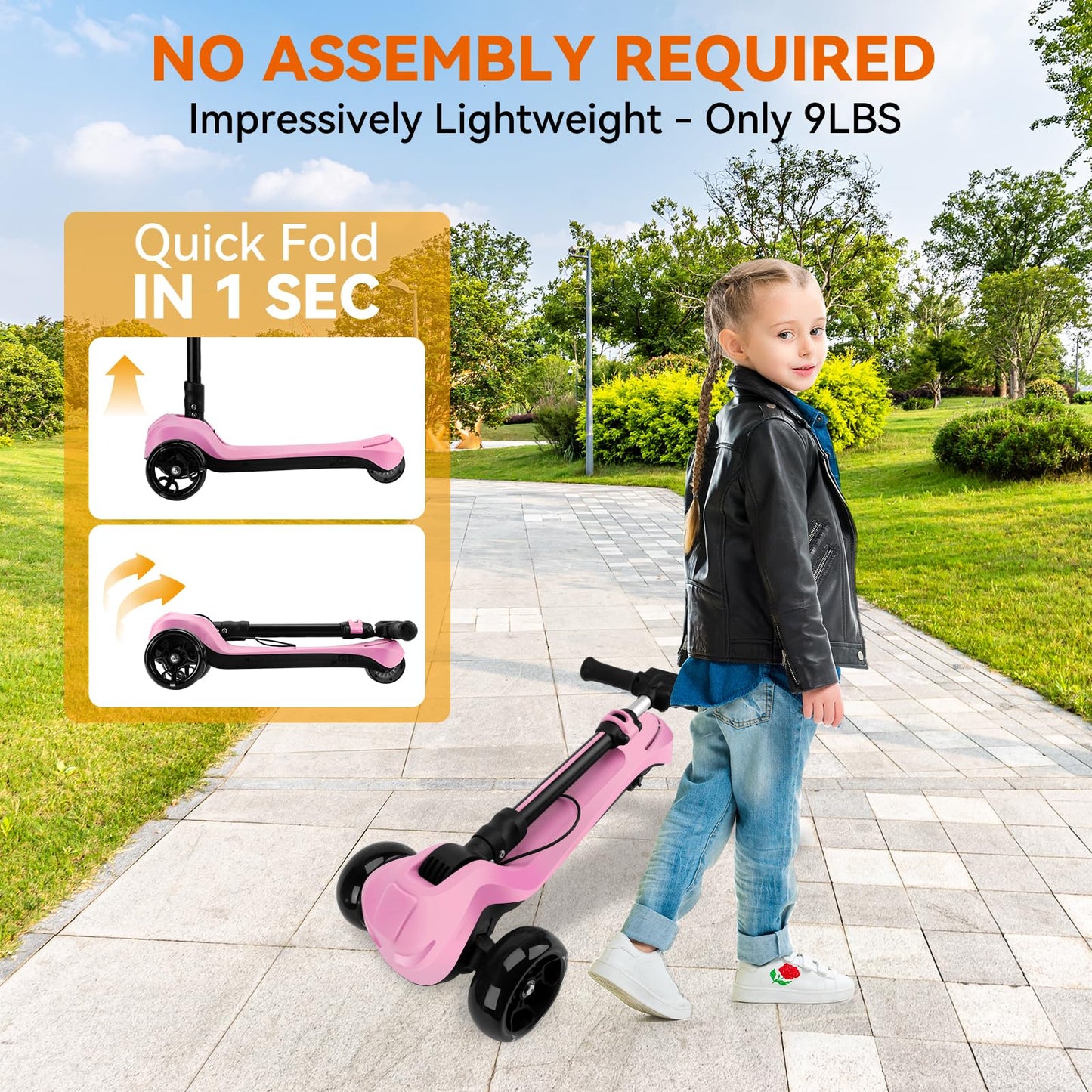 24V Electric Scooter for Kids w/150W Powerful Motor, Thumb Throttle, LCD Screen, Bluetooth, Light-Up Stem Deck & Wheels, 3 Adjustable Heights, 5MPH Safe Speed, 3 Wheel Electric Scooter for Kids, Pink