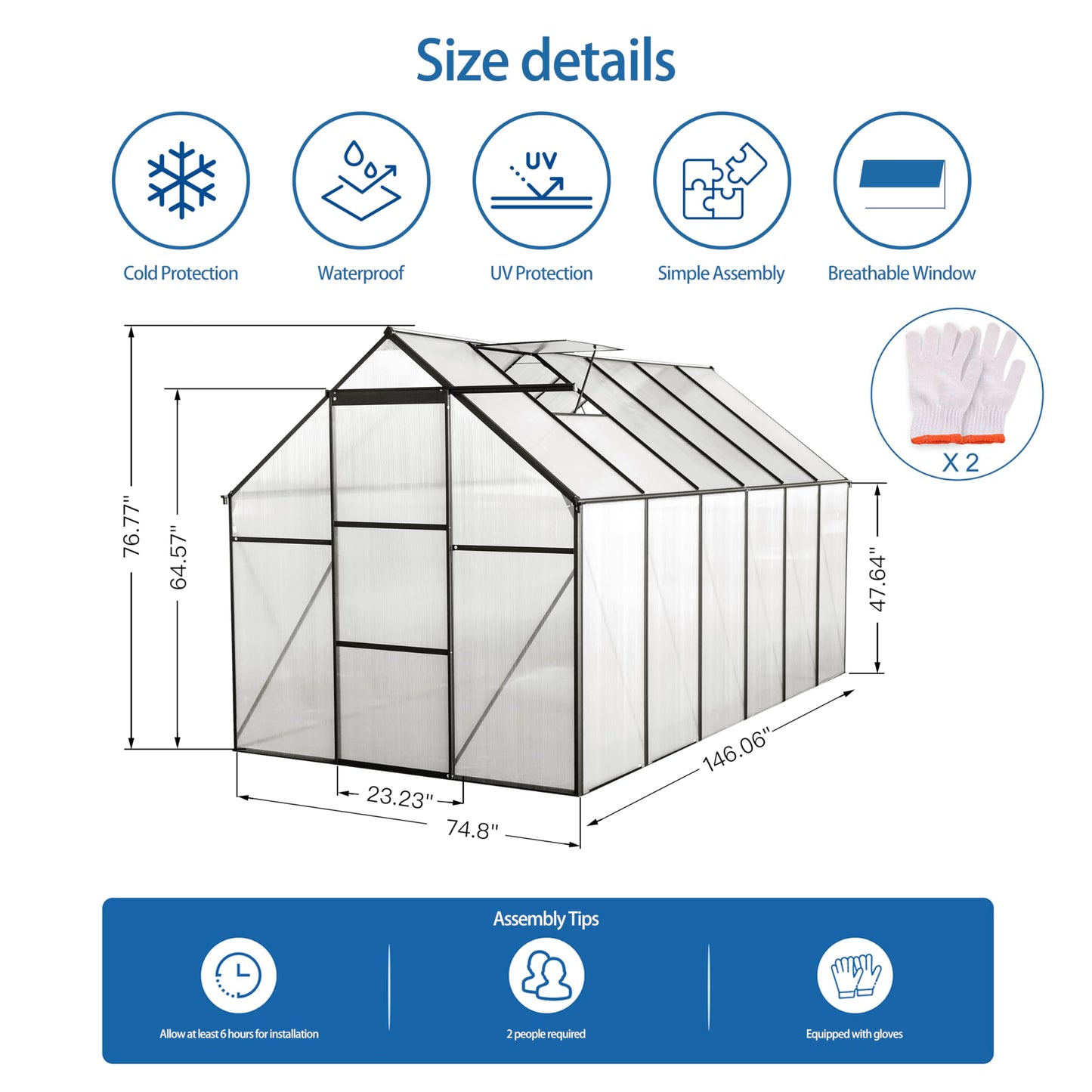 KEIKI 6x12 FT Polycarbonate Greenhouse with Aluminum Frame,Raised Base and Roof Vent,Walk-in Greenhouses for Patio Garden