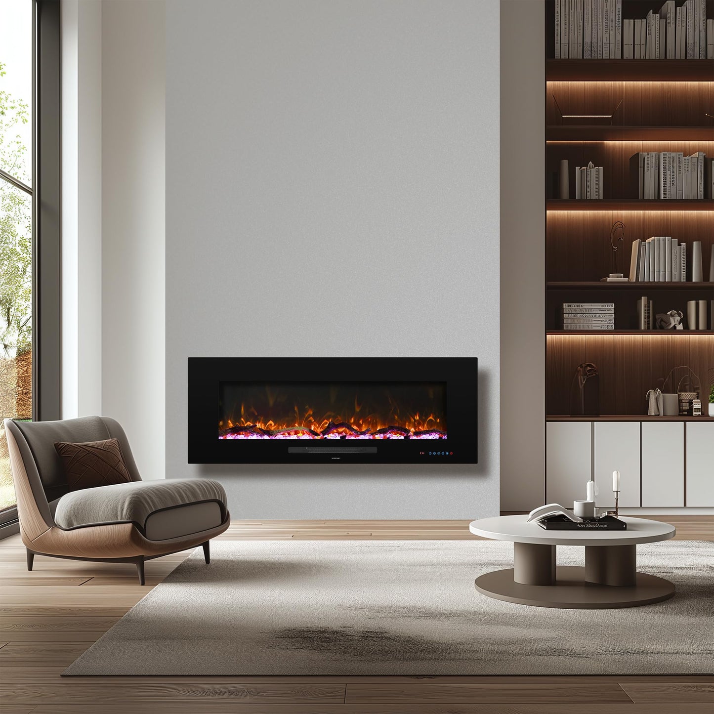 Dreamflame 50" Electric Fireplace, Recessed & Wall Mounted Fireplace Heater 13 * 13 Colors Flame &Fuel Bed w/5 Dimmer, Touchscreen &Remote Control Temp, Overheating Protect, Hardwired, 1500W, Black