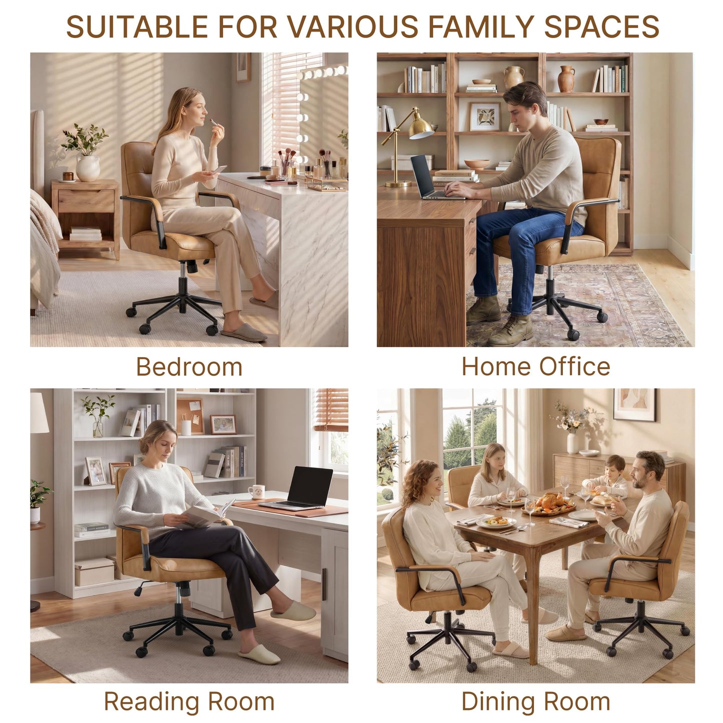 KISLOT Ergonomic Home Office Chair with Lumbar Support, Adjustable Swivel Modern Desk Chair with Wheels, Faux Leather Computer Chair with Padded Arms, Comfy Executive Office Chair, 2 PCS, Camel Brown