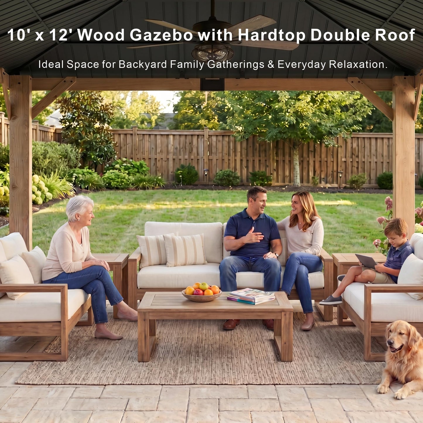 Wood Gazebo 10' x 12', Permanent Pavilion with Hardtop Galvanized Steel Double Roof, Cedar Gazebo with 4.72" Thickened Wooden Posts for Poolside, Patio, Backyard, Garden and Deck