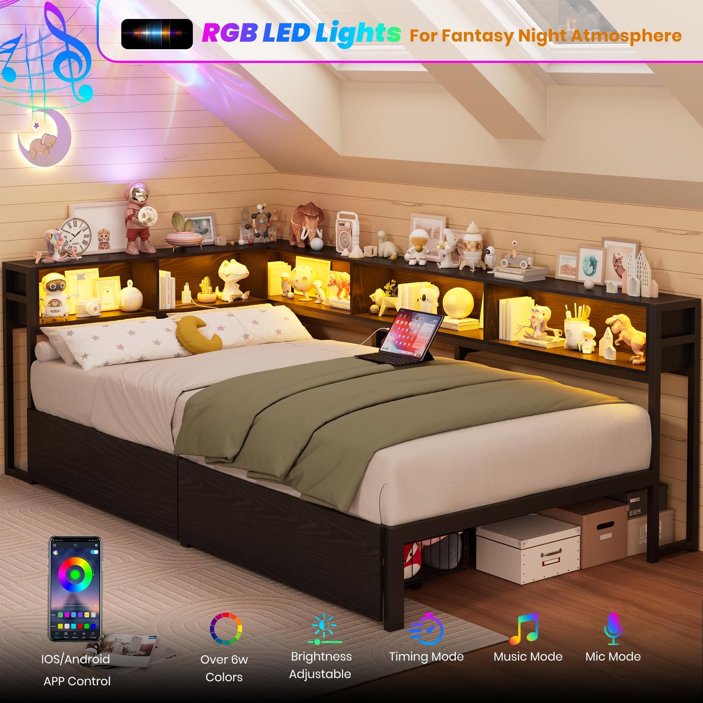 Garvee Twin Corner Bed Frames - with Charging Station and LED Lights, Twin Size Bed Platform with 2 Storage Drawers and Bookcase Headboard, Modern Twin Daybed for Kids Teens Guests, Black