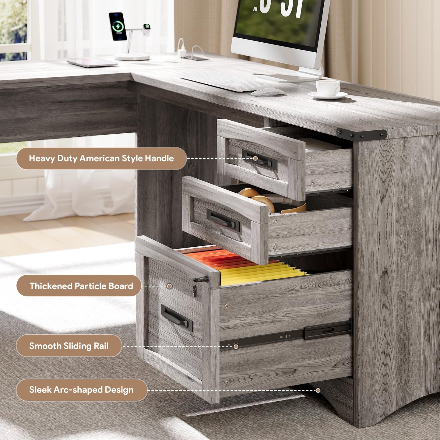 Decofy L Shaped Farmhouse Executive Desk with Drawers, 67" Home Office Desks with Fast Charging Station, Lockable File Cabinet, Wood Writing Computer Desk for Work, Study, Grey
