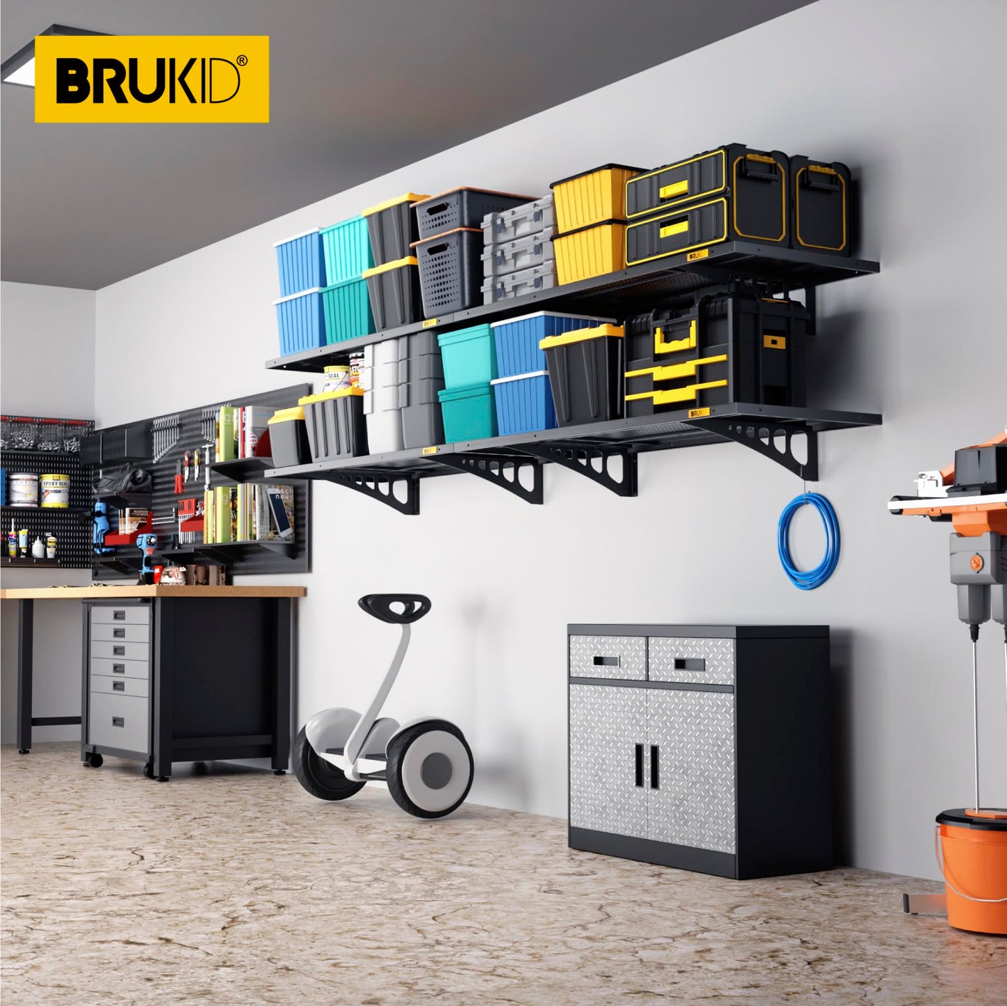 Brukid 4Pack 1.64x4ft Adjustable Metal Garage Wall Shelving Heavy Duty Garage Storage Shelf Wall Mounted Black